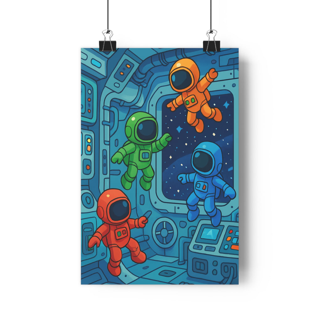 Poster décoratif astronautes cartoon vert orange bleu rouge chambre enfant aventure spatiale futuriste joyeux