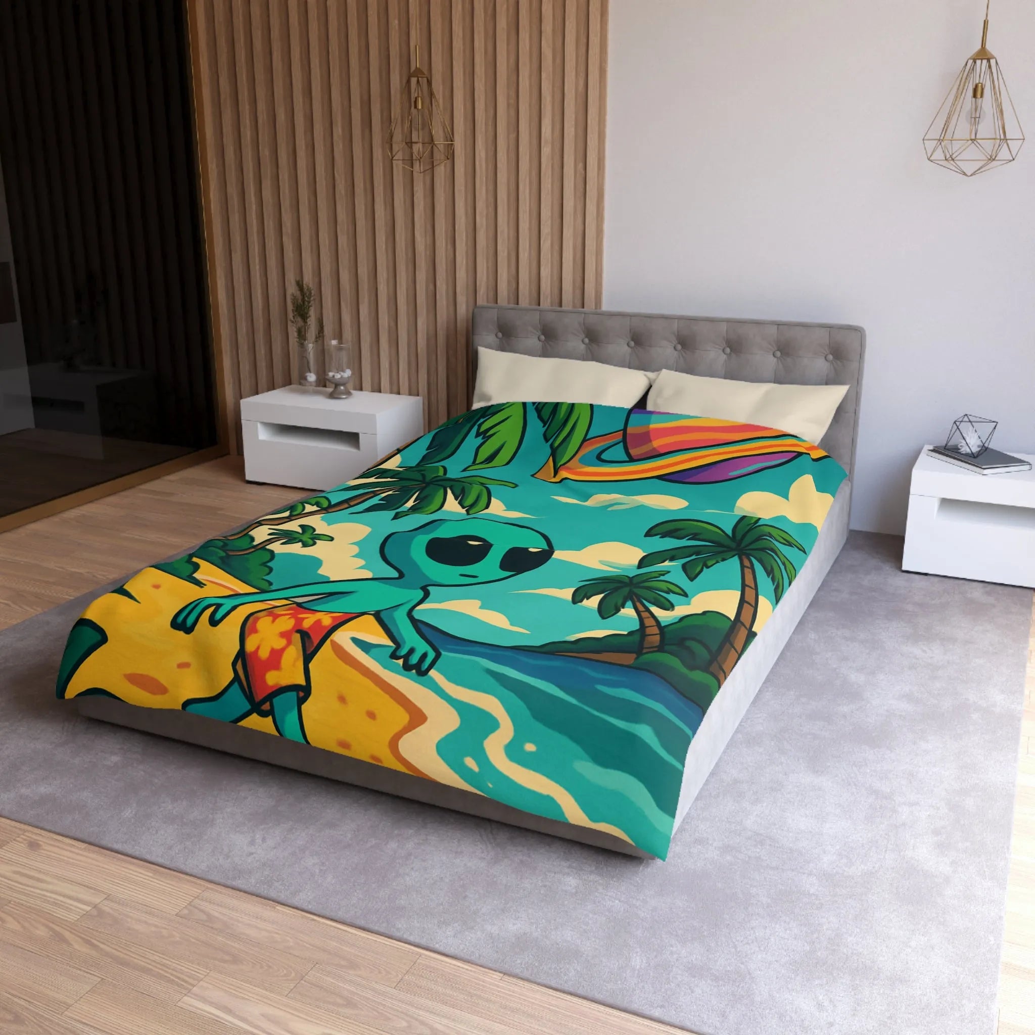 Housse de Couette Enfant Alien Plage Tropicale Planète Saturée Rêveur Ciel Imagination