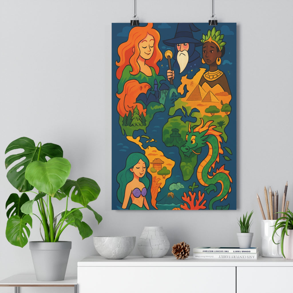 Poster décoratif carte fantastique monde dessin animé joyeux enfant sirène dragon sorcier magique couleurs
