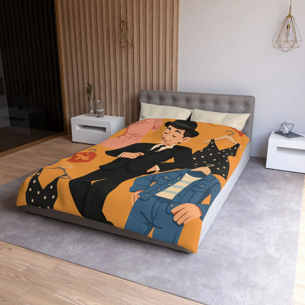 Housse de couette élégante motif magasin de vêtements homme noir et tenues rétro