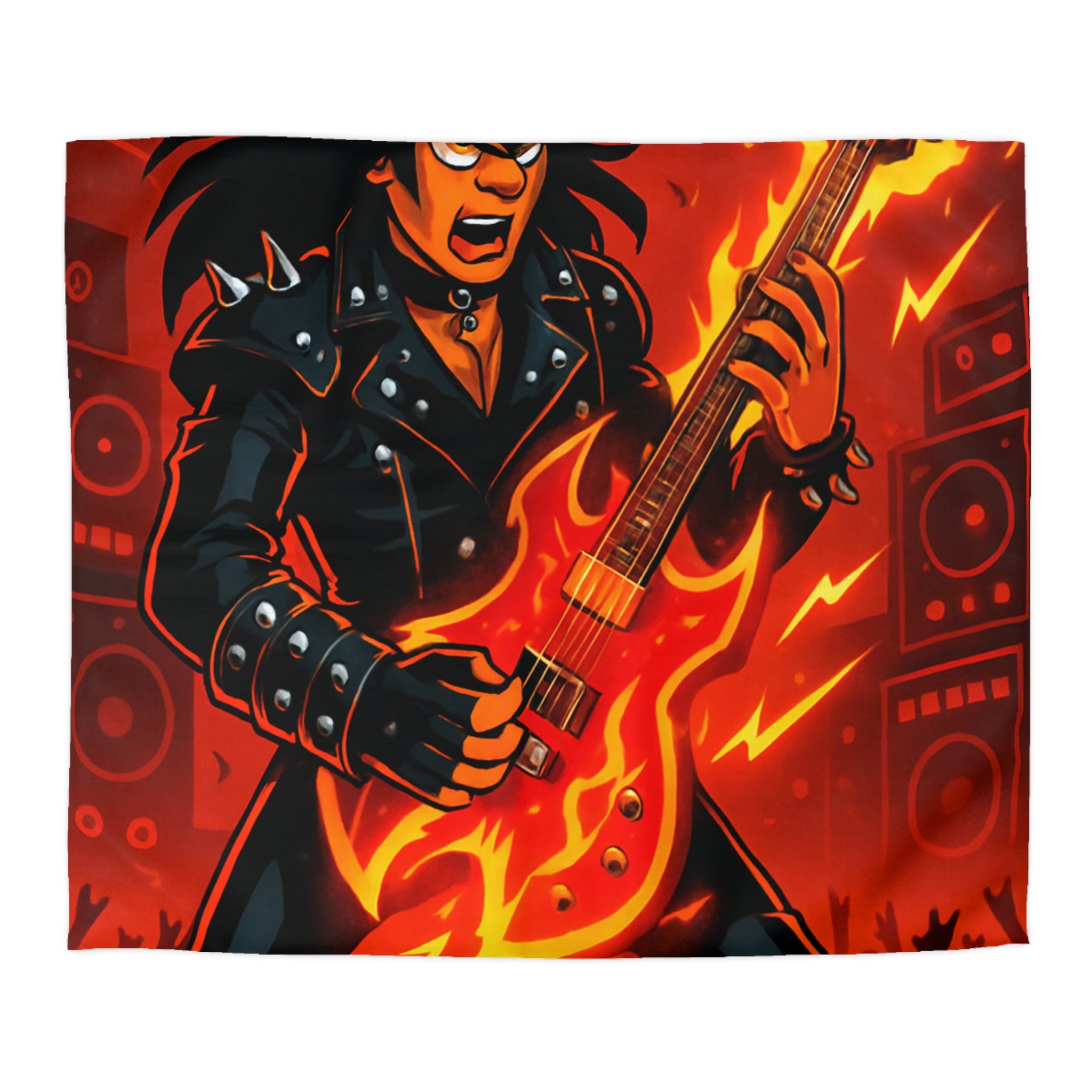 Housse de couette rock énergique avec guitariste enflammé et ambiance concert spectaculaire