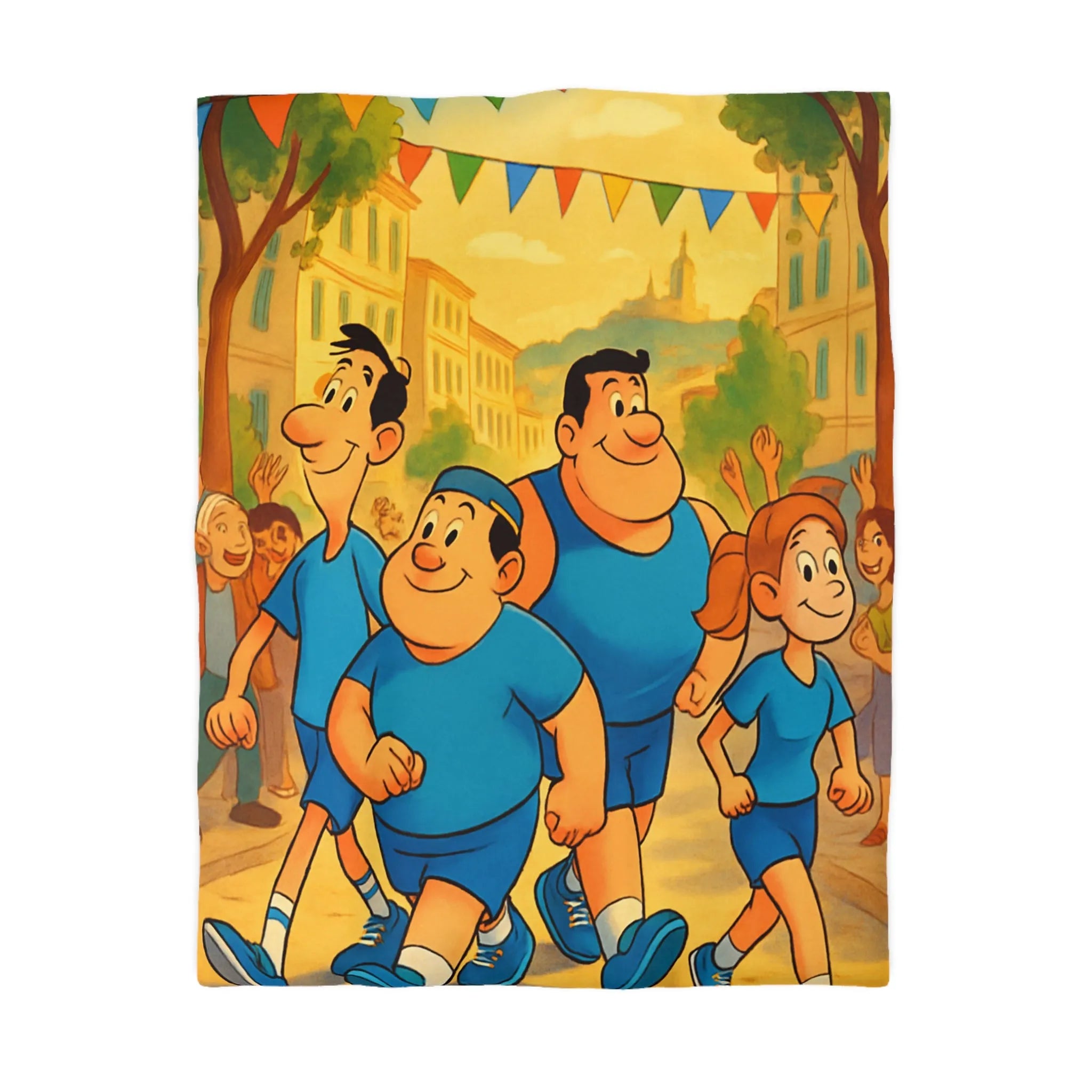 Housse de couette colorée avec personnages marchant joyeusement dans une rue animée