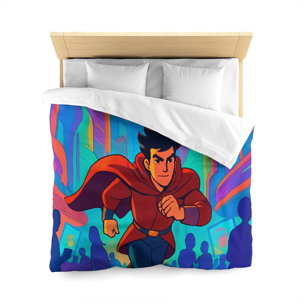 Housse de Couette avec Héros Futuriste Rouge Courant dans Ville Colorée et Dynamique