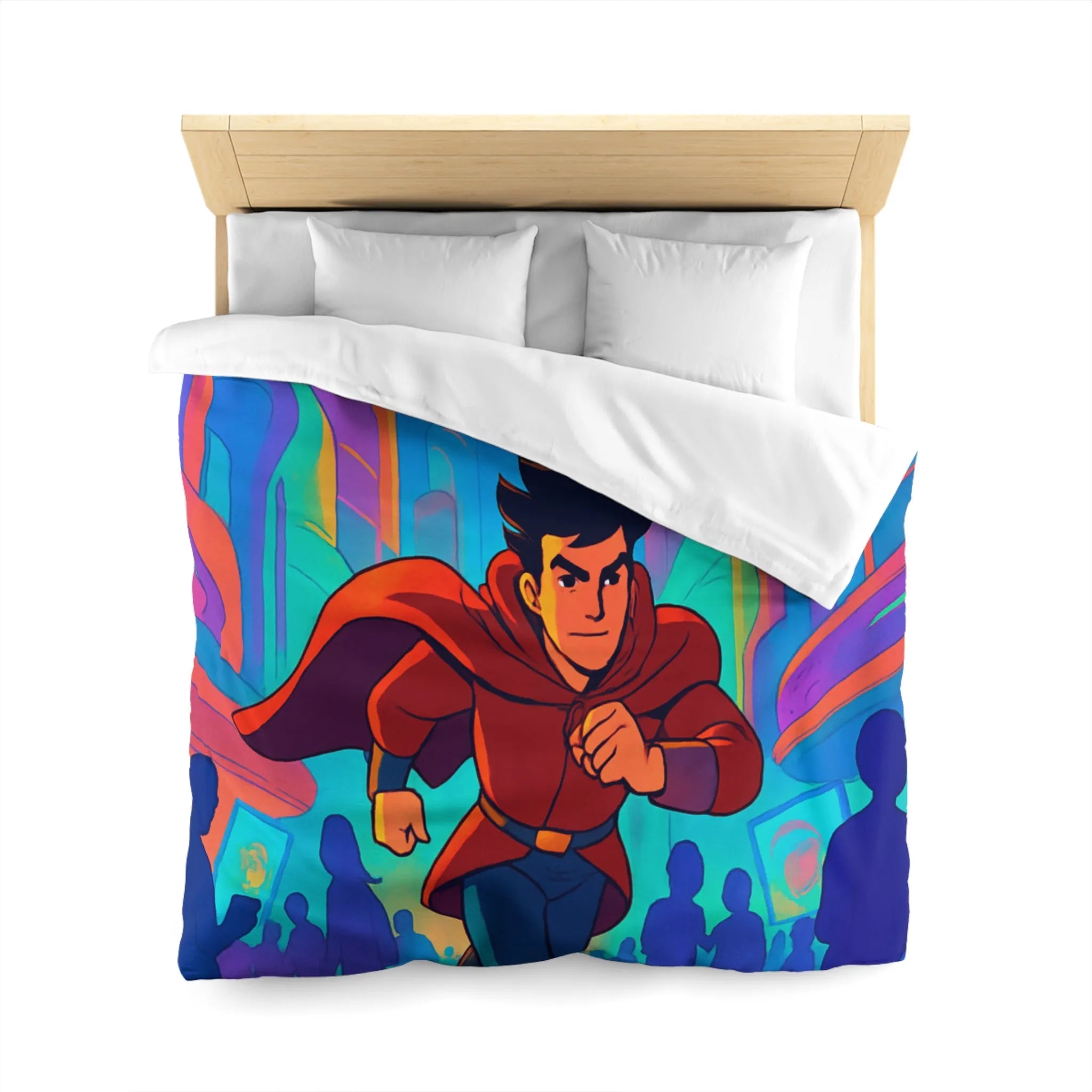 Housse de Couette avec Héros Futuriste Rouge Courant dans Ville Colorée et Dynamique