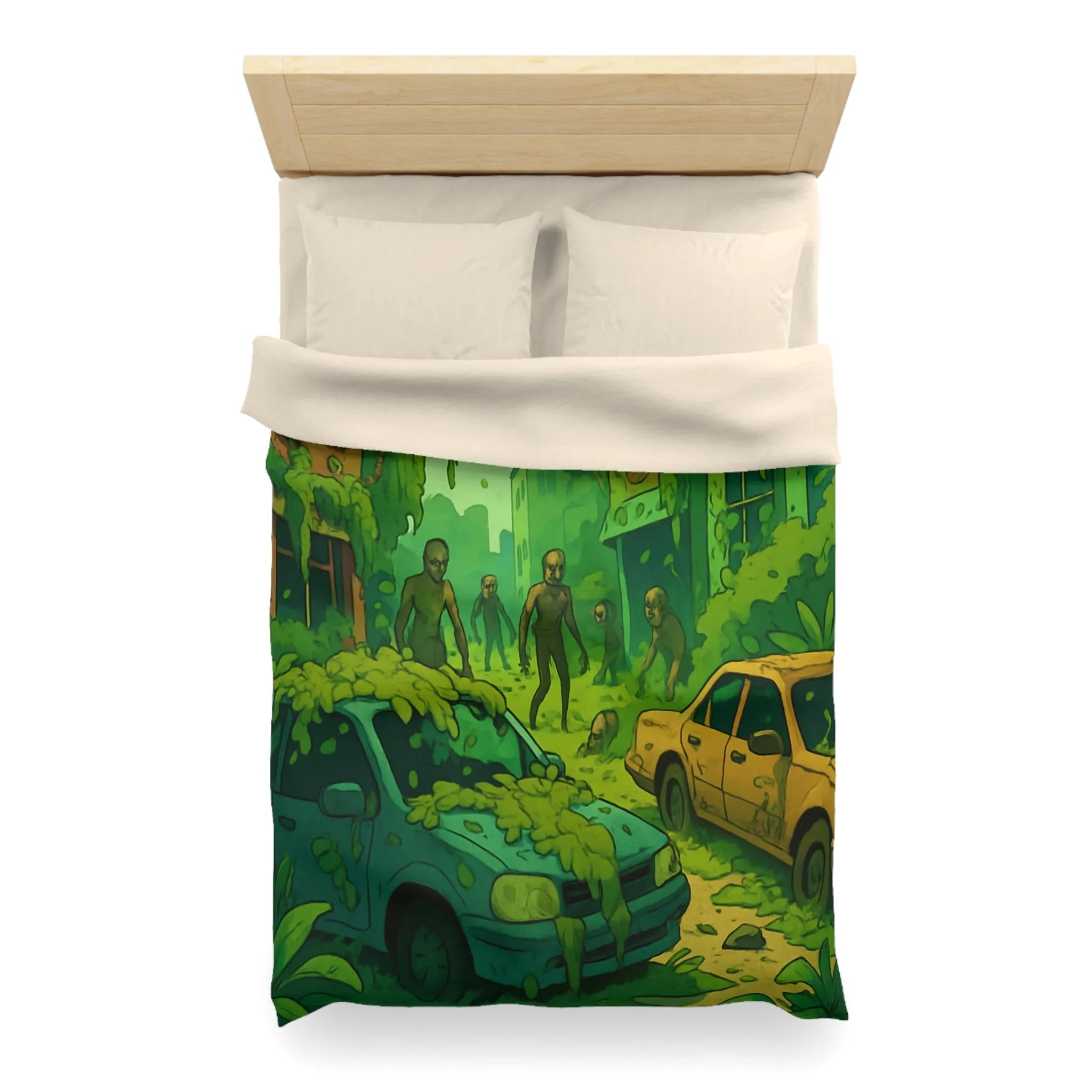 Housse de couette avec zombies et nature envahissante dans ville post-apocalyptique verte