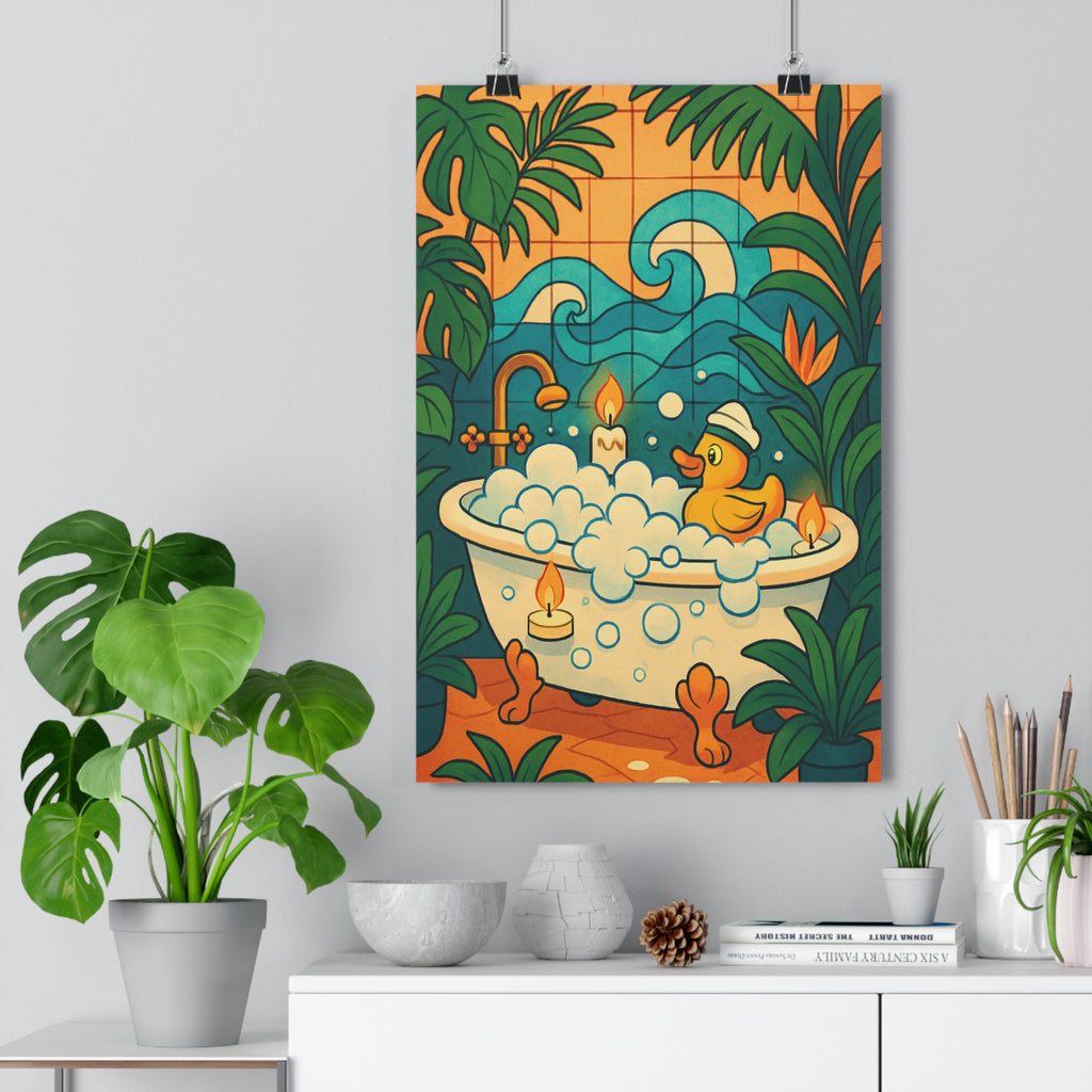 Poster décoratif cartoon bleu pastel apaisant salle bain tropical bougies plantes ambiance détente relaxant