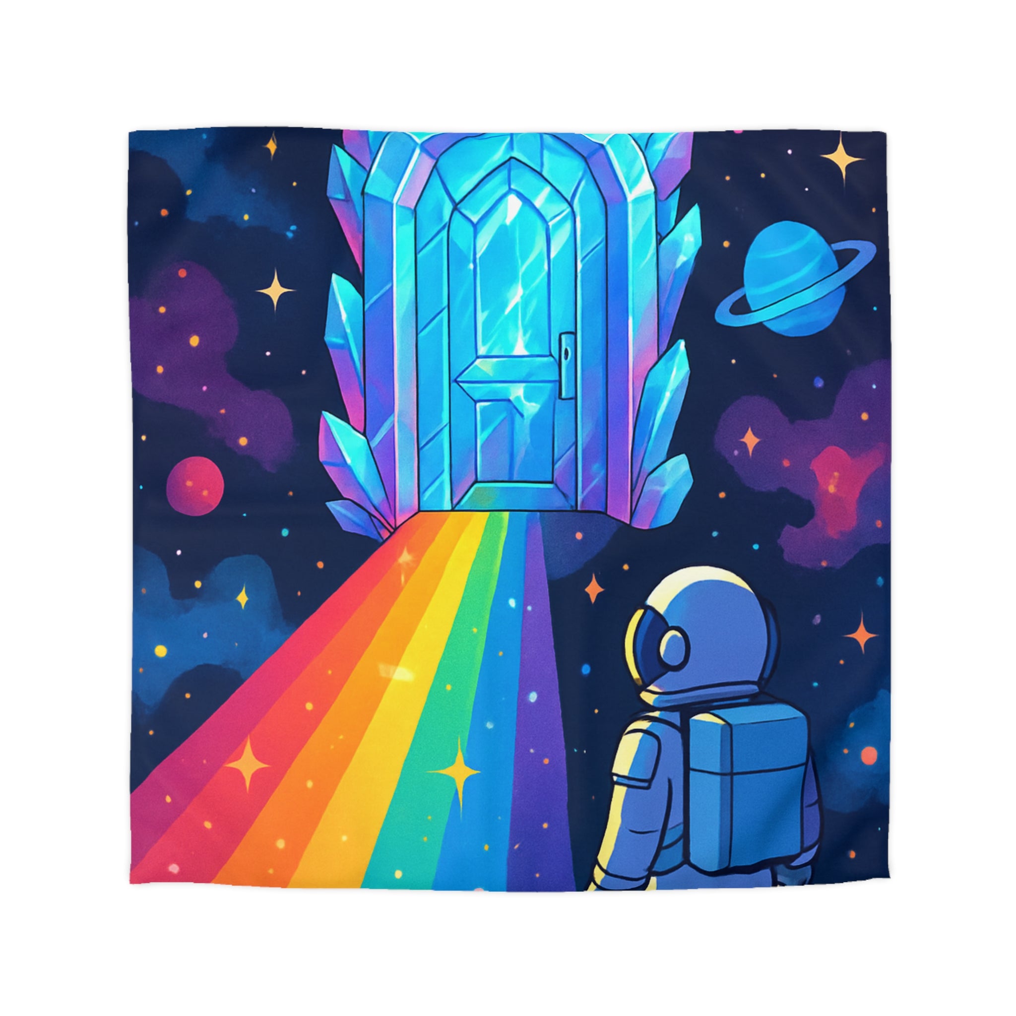 Housse de couette rêve cosmique : astronaute, porte de cristal et univers coloré