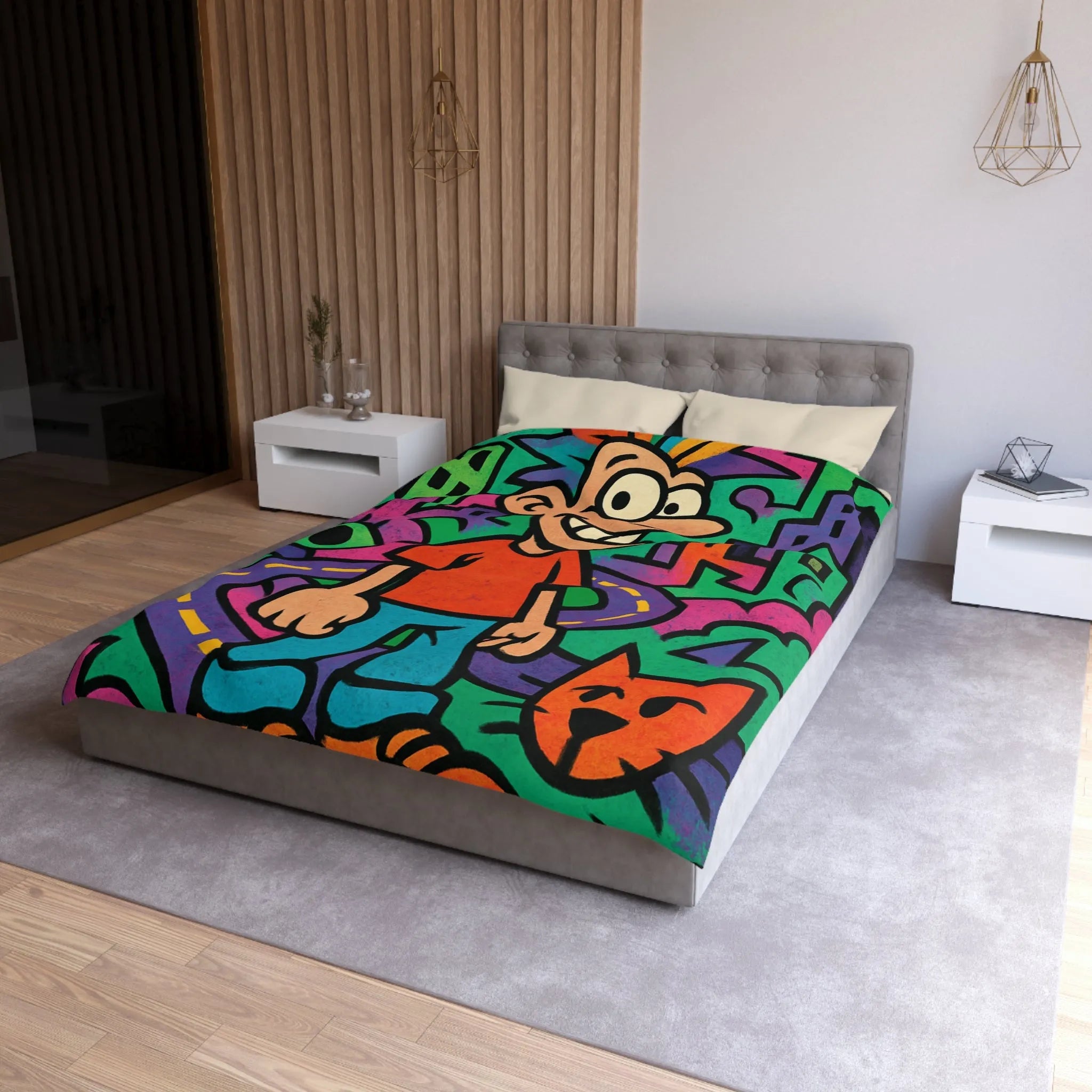 Housse de couette colorée motifs urbains et dessins animés, style pop art dynamique