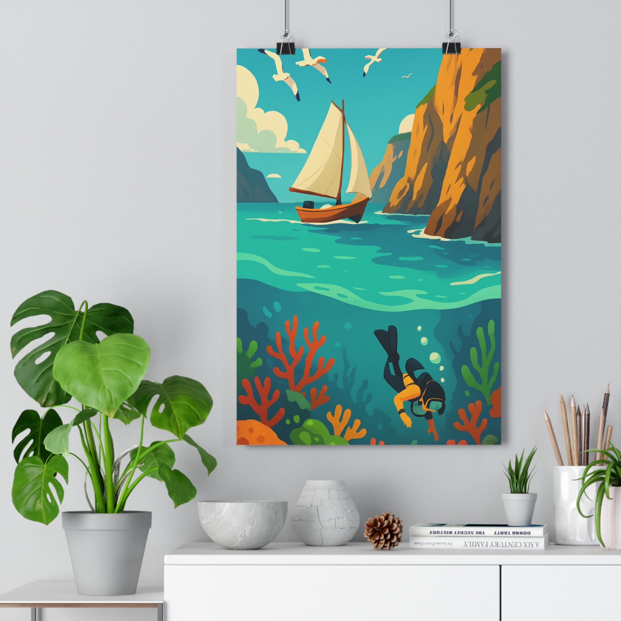 Poster décoratif cartoon aventure bleu vert salon chambre évasion artistique côtier voilier falaises plongeur