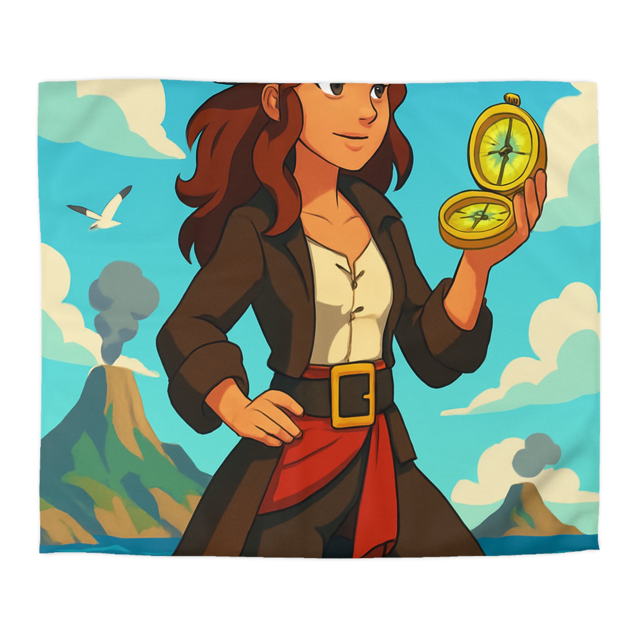 Housse de couette piraterie avec paysage maritime et aventurière avec boussole