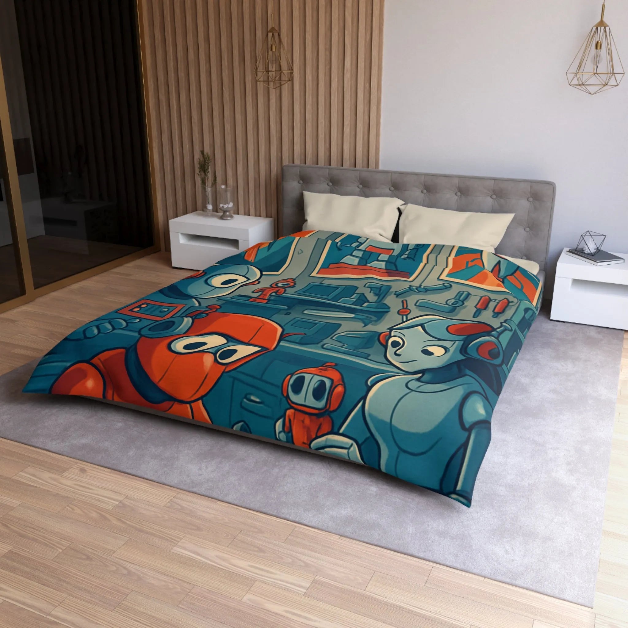 Housse de Couette Adorable Atelier de Robots pour Enfants au Look Rétro Futuriste