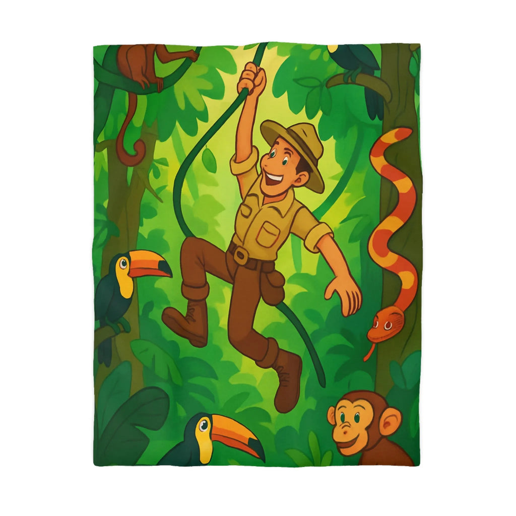 Housse de Couette Jungle Colorée avec Aventurier, Singes et Toucans pour Enfants