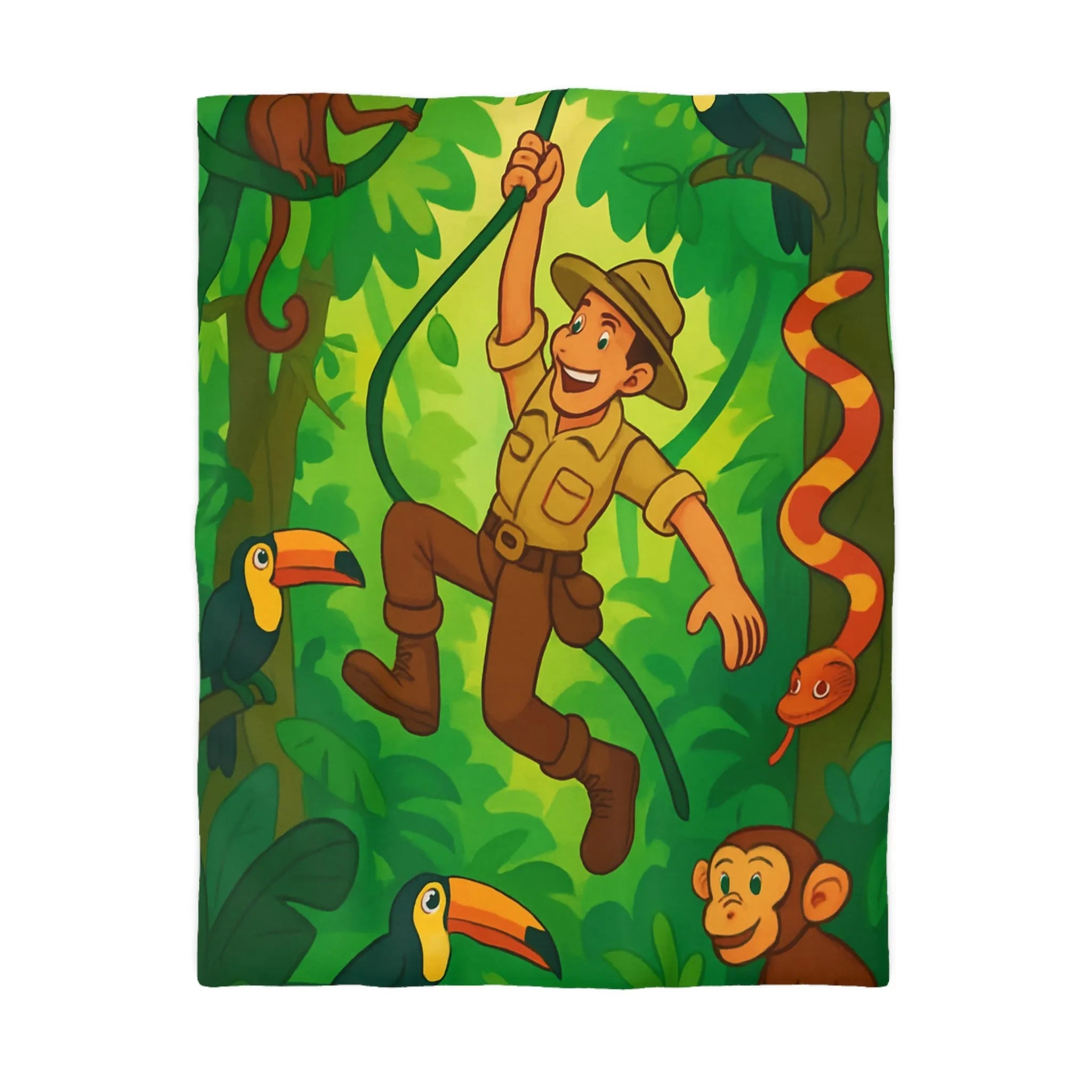 Housse de Couette Jungle Colorée avec Aventurier, Singes et Toucans pour Enfants