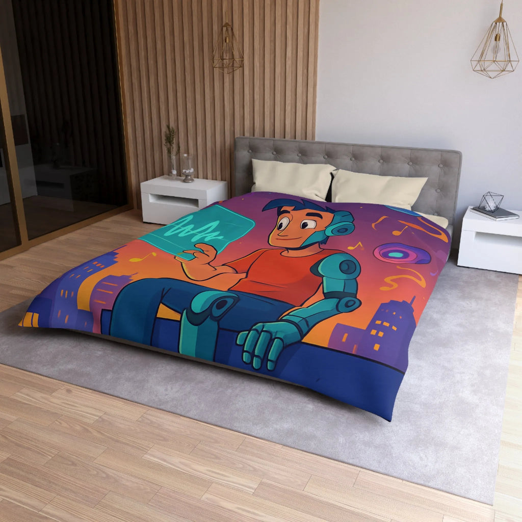 Housse de couette illustrée avec robot et skyline de nuit vibrante et colorée