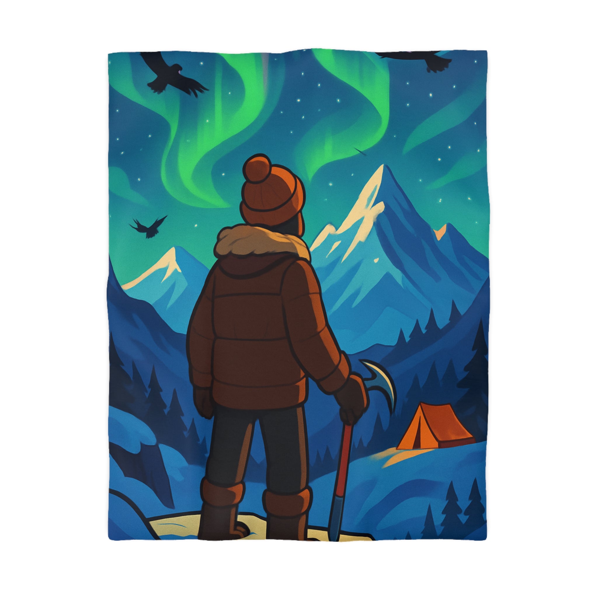 Housse de couette montagne avec aurore boréale, explorateur et tente lumineuse