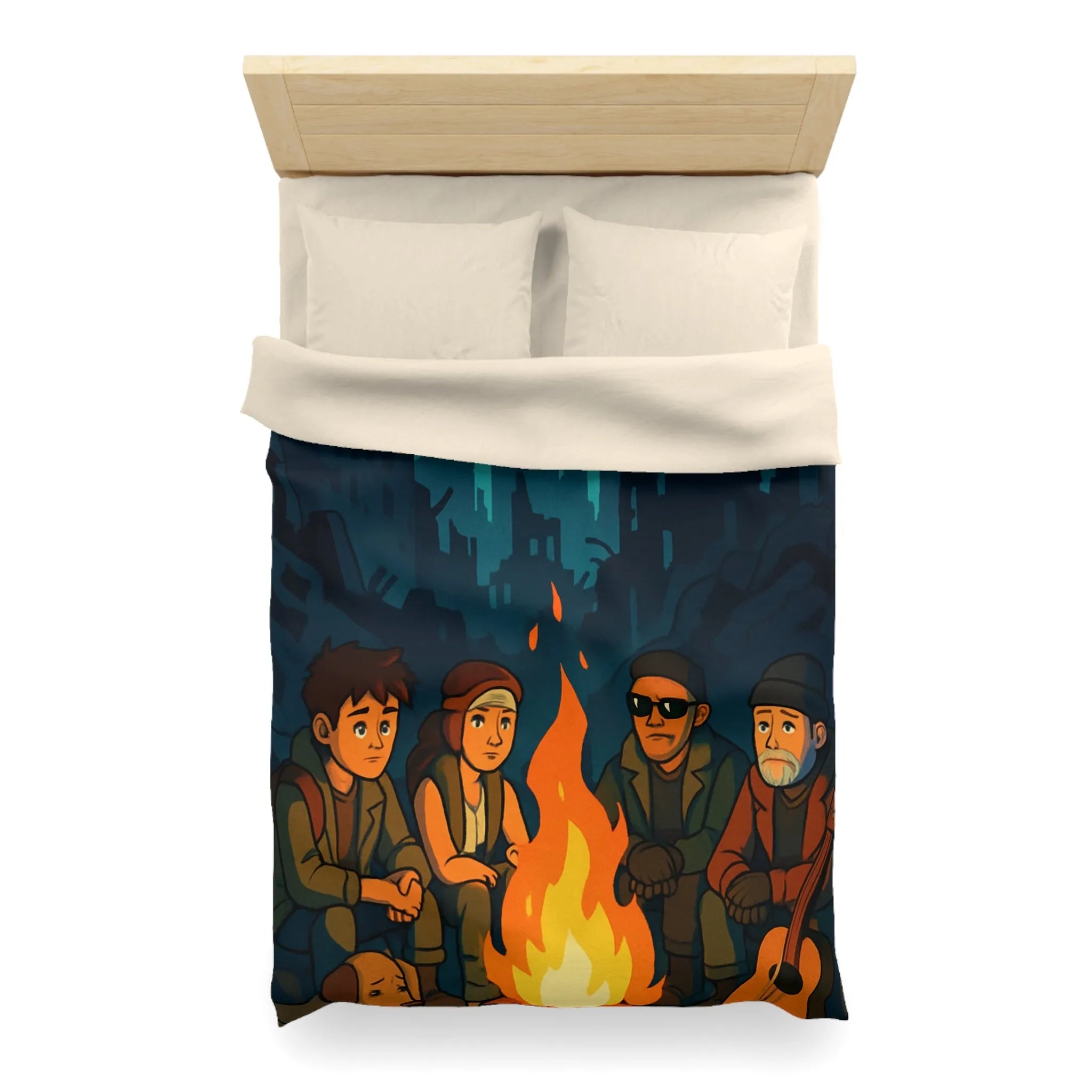 Housse de couette : scène nocturne apocalyptique avec personnages autour d'un feu de camp