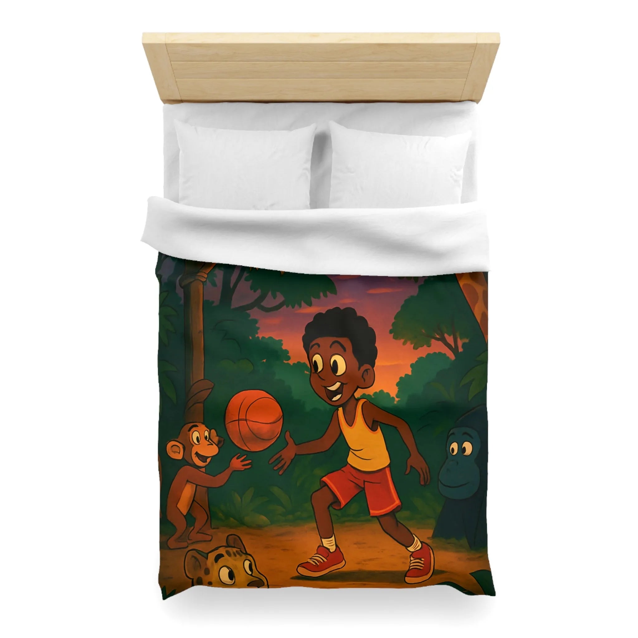 Housse de couette enfant jungle colorée avec garçon jouant au basket et animaux amusants