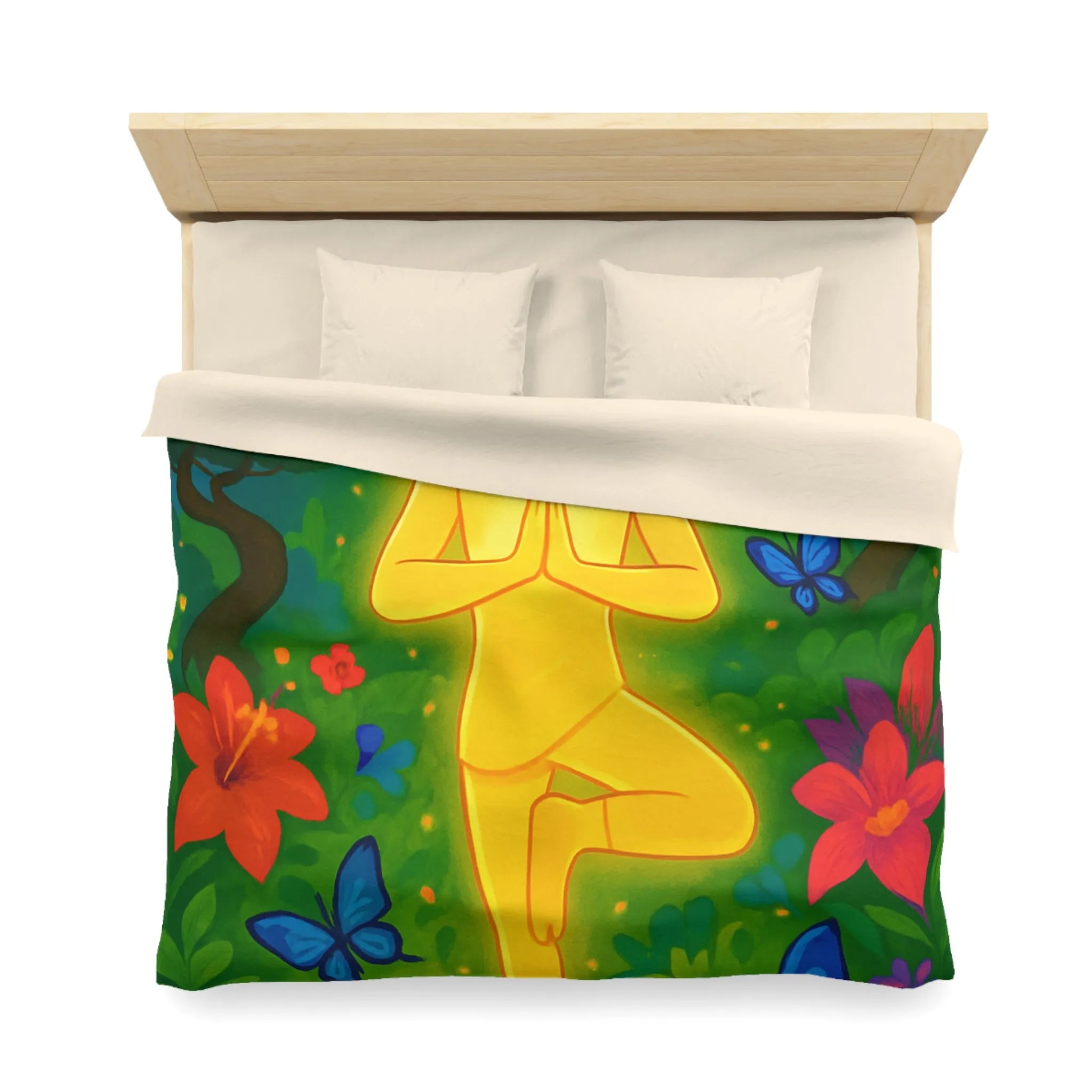 Housse de Couette avec Design Méditatif et Papillons Multicolores en Forêt Luxuriante