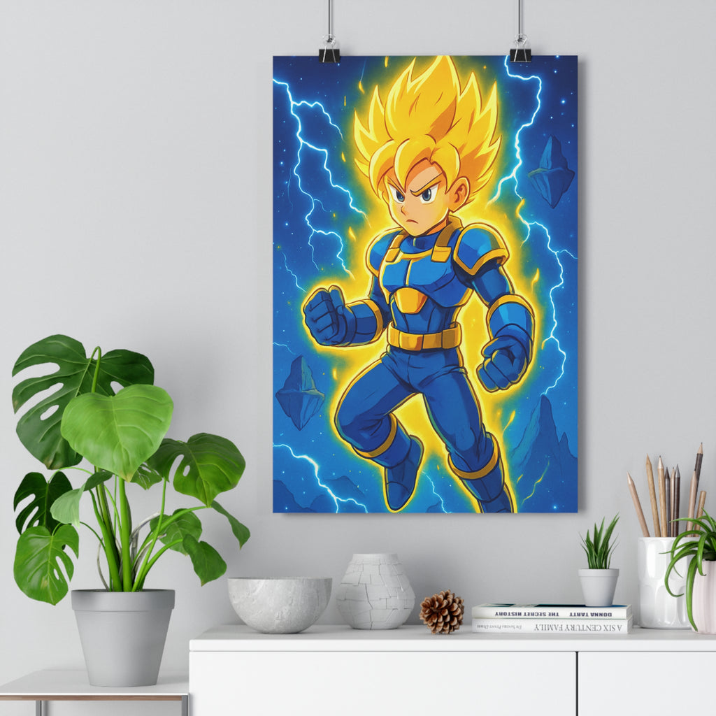 Poster décoratif lumineux guerrier cosmique jaune bleu dynamique chambre salon moderne énergie intense étoilé