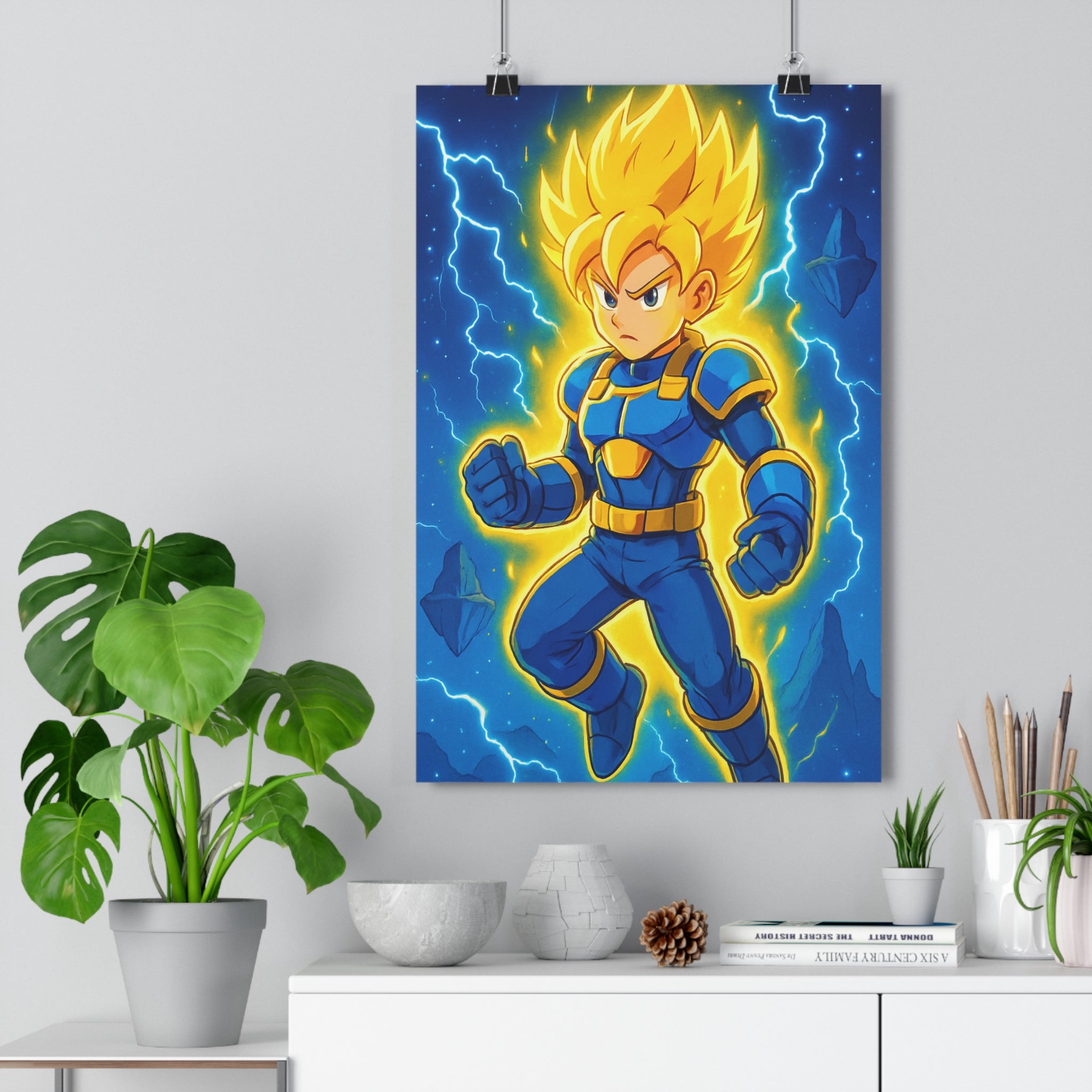 Poster décoratif lumineux guerrier cosmique jaune bleu dynamique chambre salon moderne énergie intense étoilé