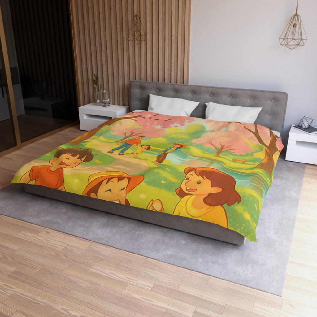 Housse de Couette Printanière avec Scène de Pique-nique Sous Cerisiers en Fleurs