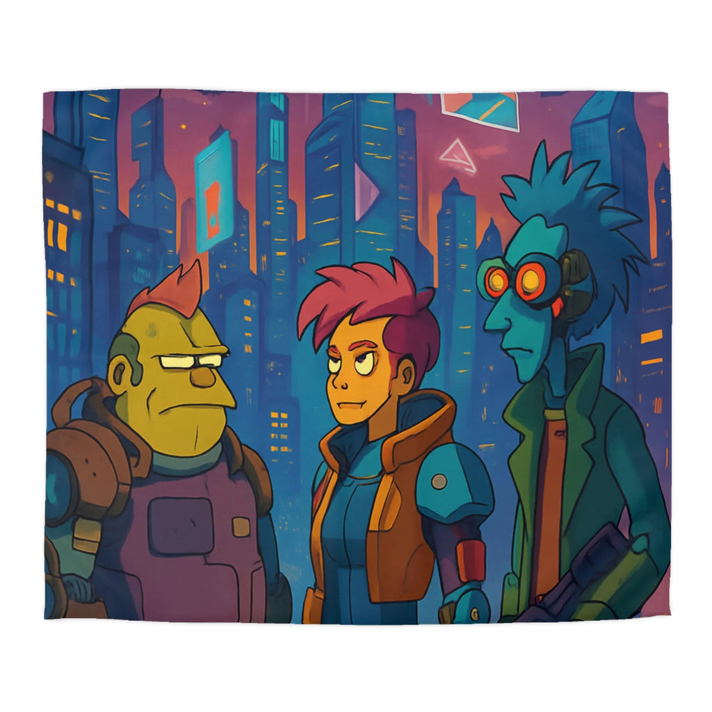 Housse de couette futuriste néon, personnages de science-fiction devant une ville cyberpunk