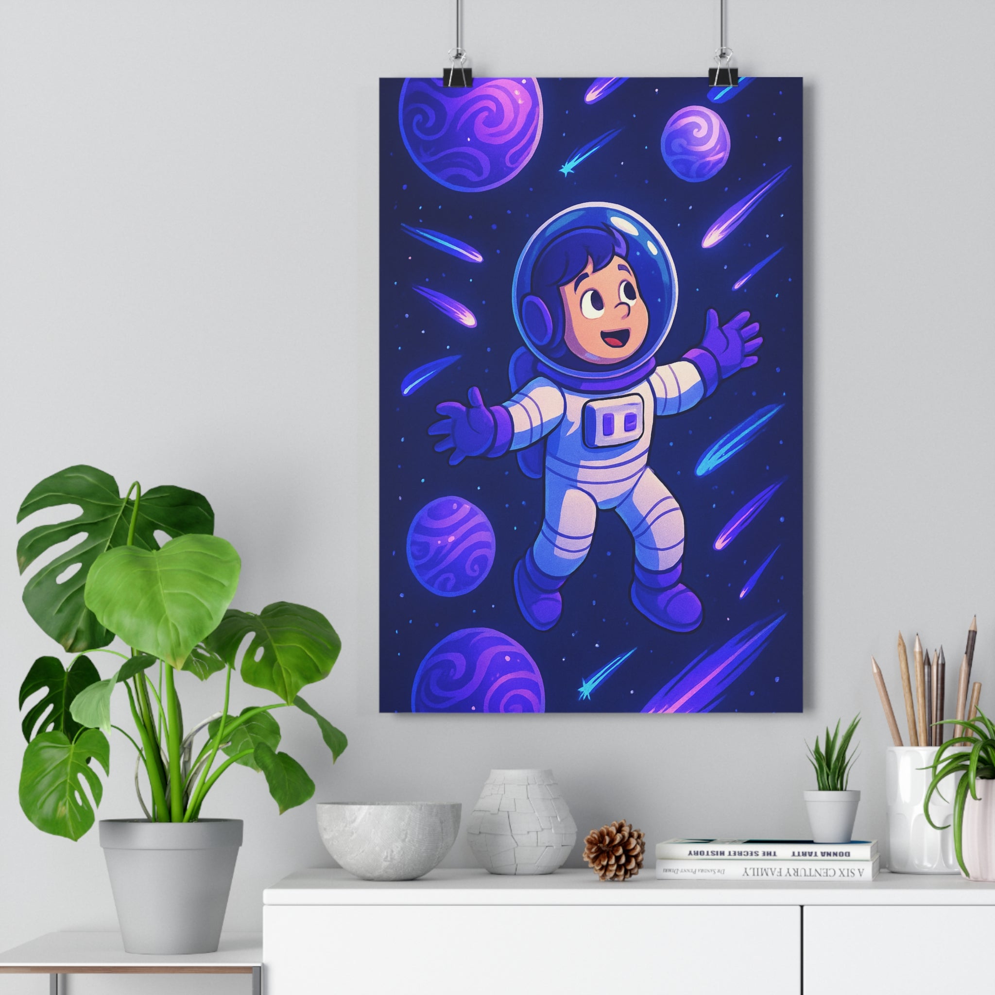 Poster décoratif astronaute violet bleu enfant joyeux aventure univers cosmique chambre bureau moderne inspitant