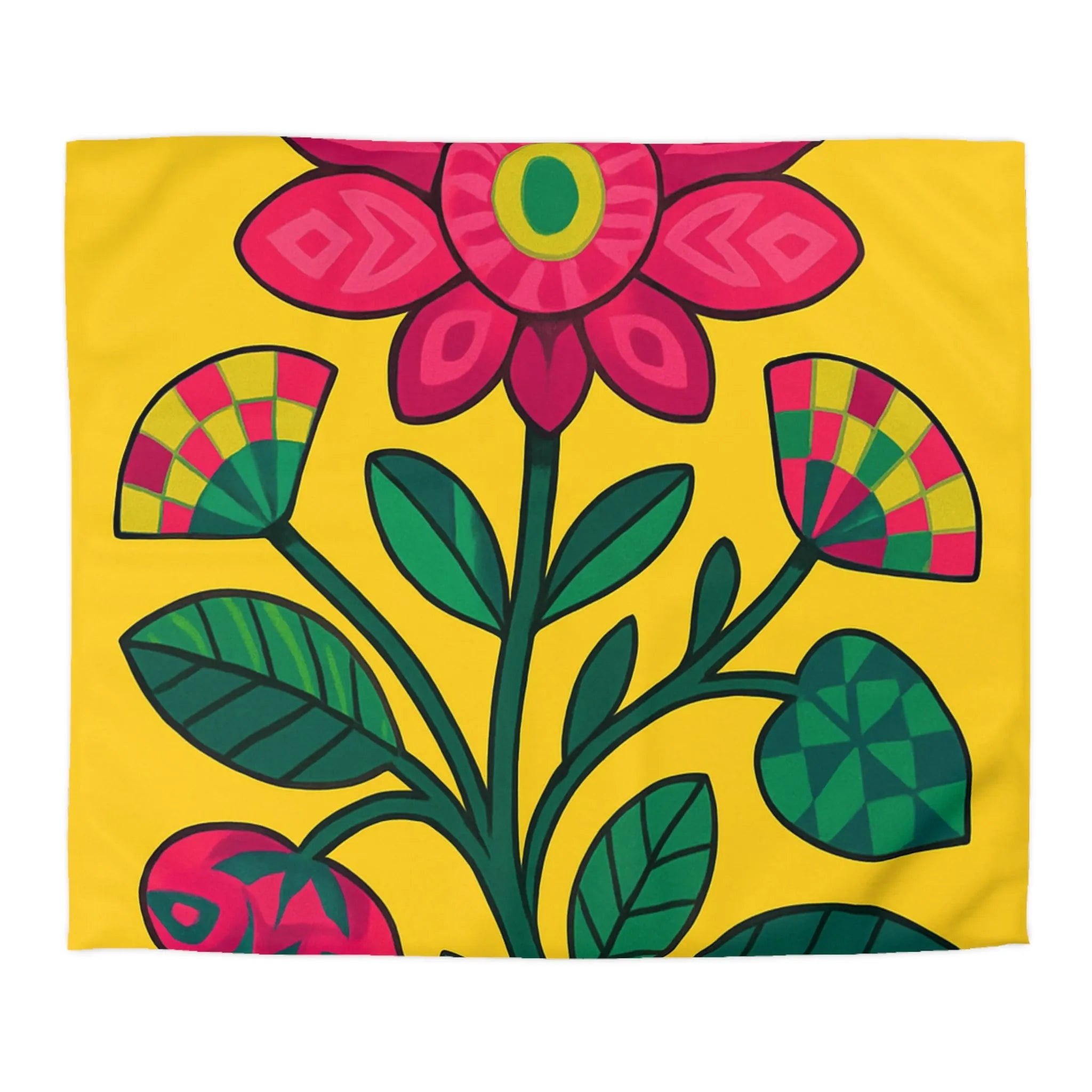 Housse de couette florale vibrante avec grandes fleurs rouges et feuilles vertes sur fond jaune