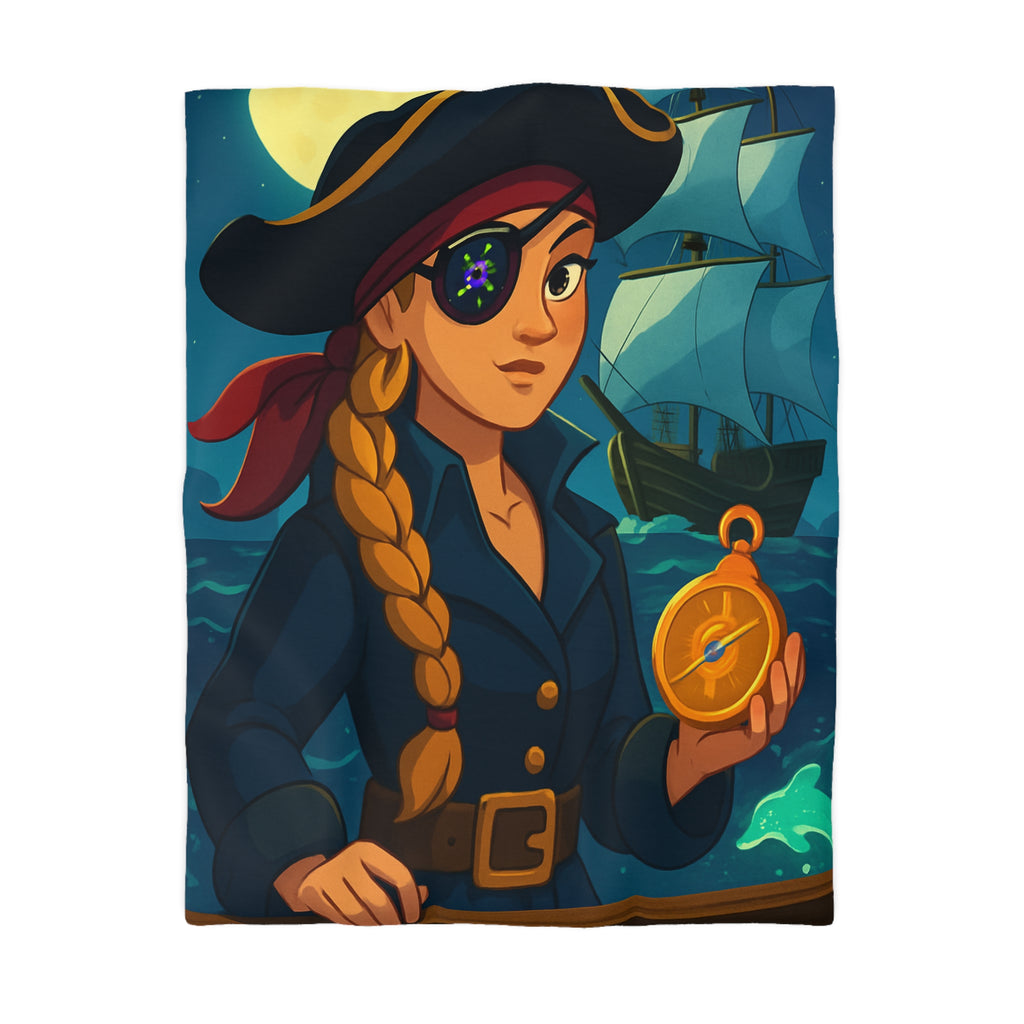 Housse de couette pirate colorée avec femme audacieuse, boussole et bateau illuminé