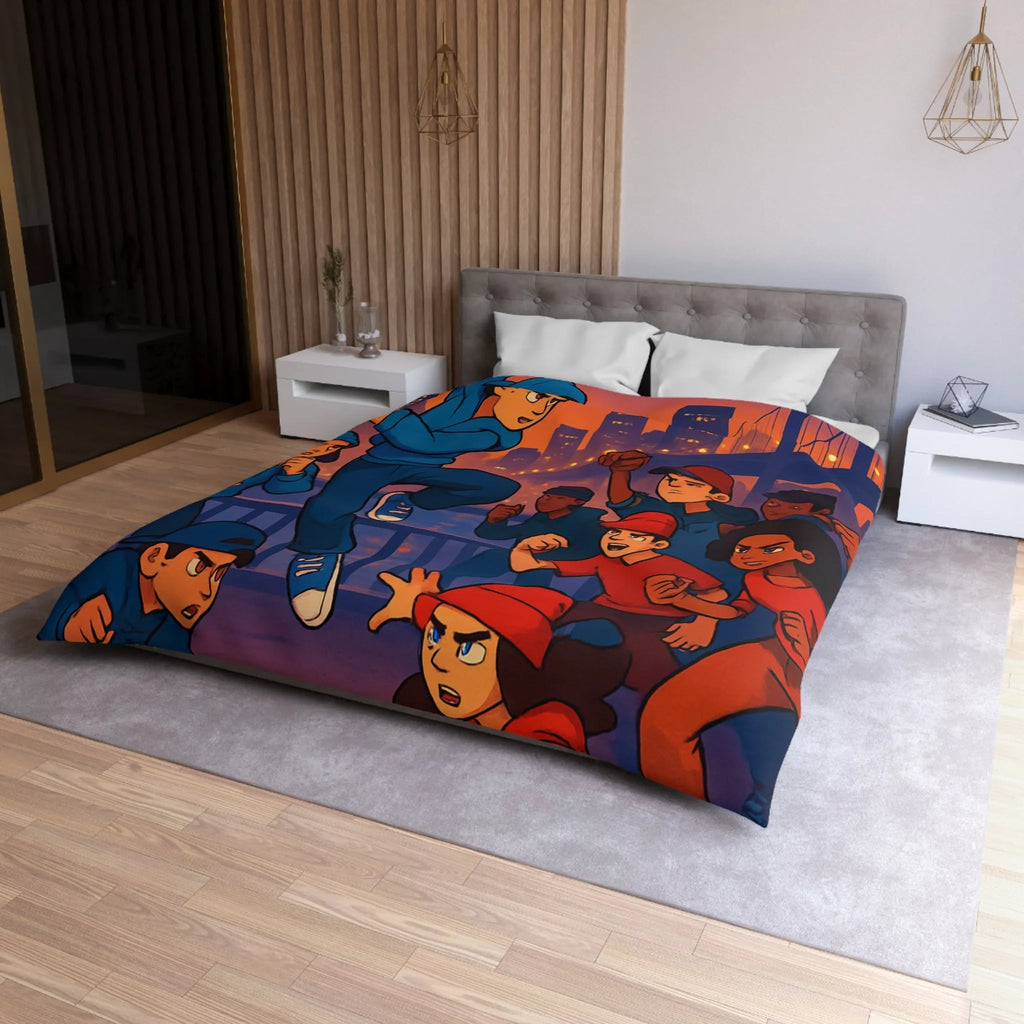 Housse de couette illustrée avec danseurs urbains dynamiques sur fond de pont illuminé