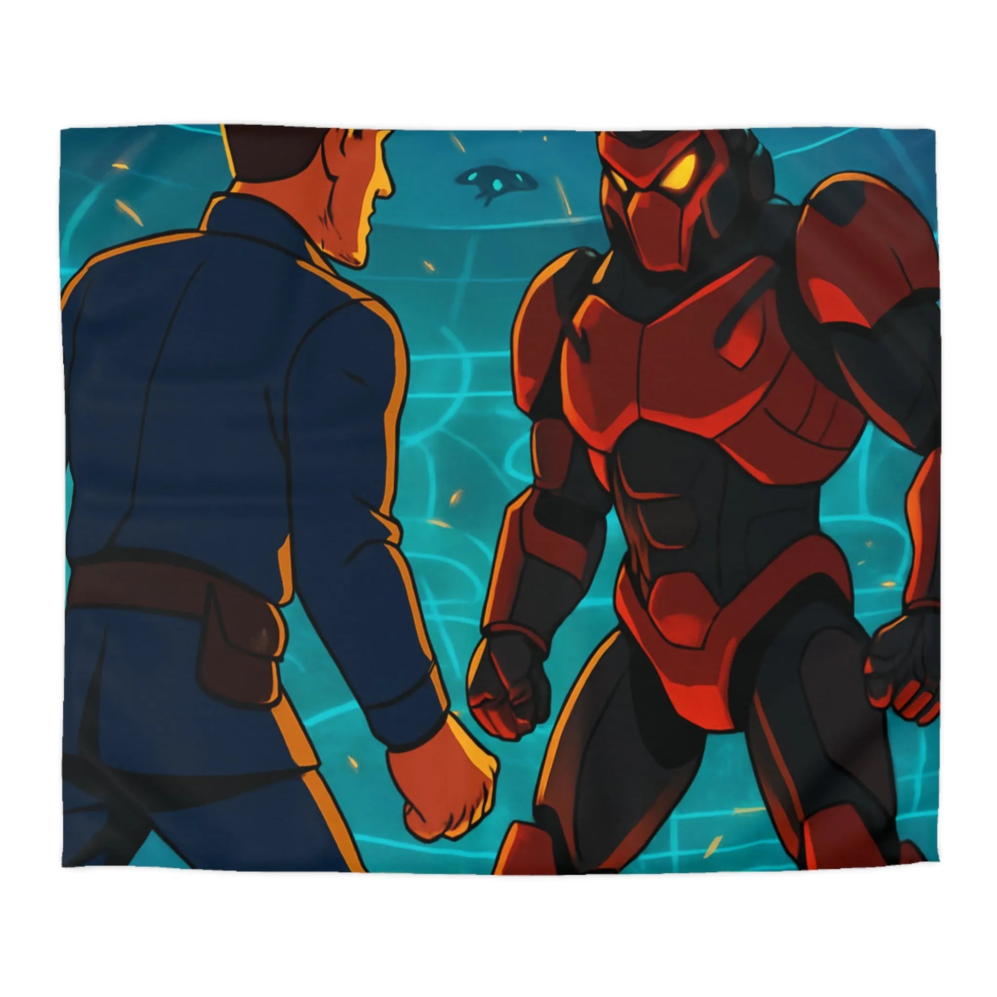 Housse de Couette avec Design Futuriste de Robot et Personnage en Armure Rouge