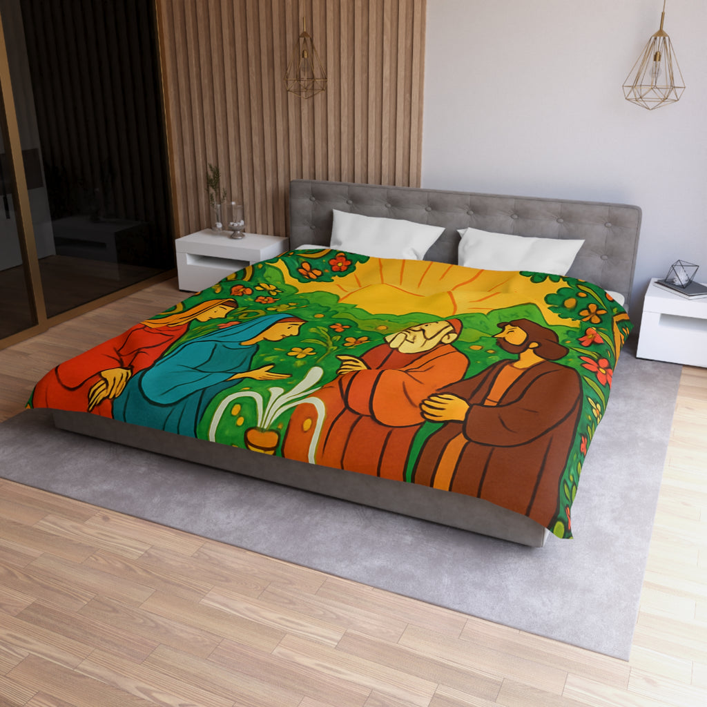 Housse de couette vibrante avec scène florale colorée et figures en discussion harmonieuse