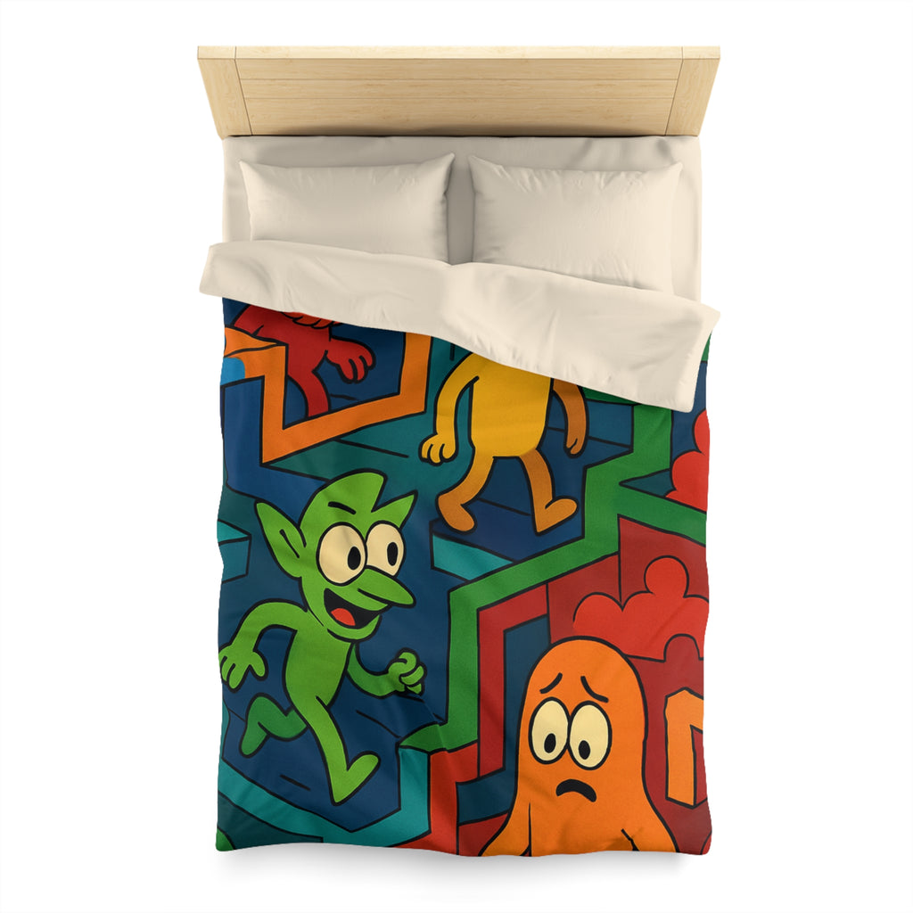 Housse de couette multicolore avec labyrinthes et personnages fantaisistes en motifs géométriques