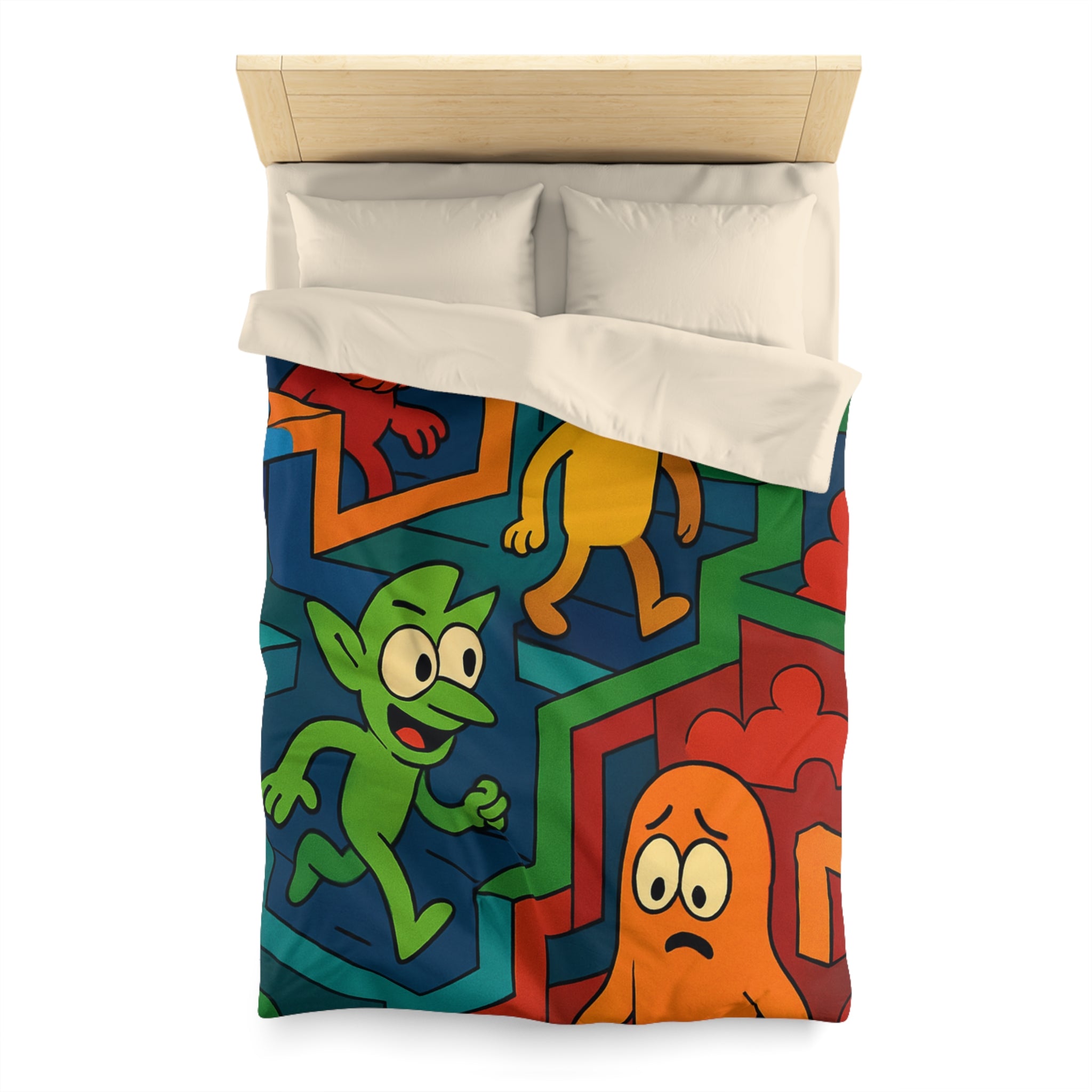 Housse de couette multicolore avec labyrinthes et personnages fantaisistes en motifs géométriques