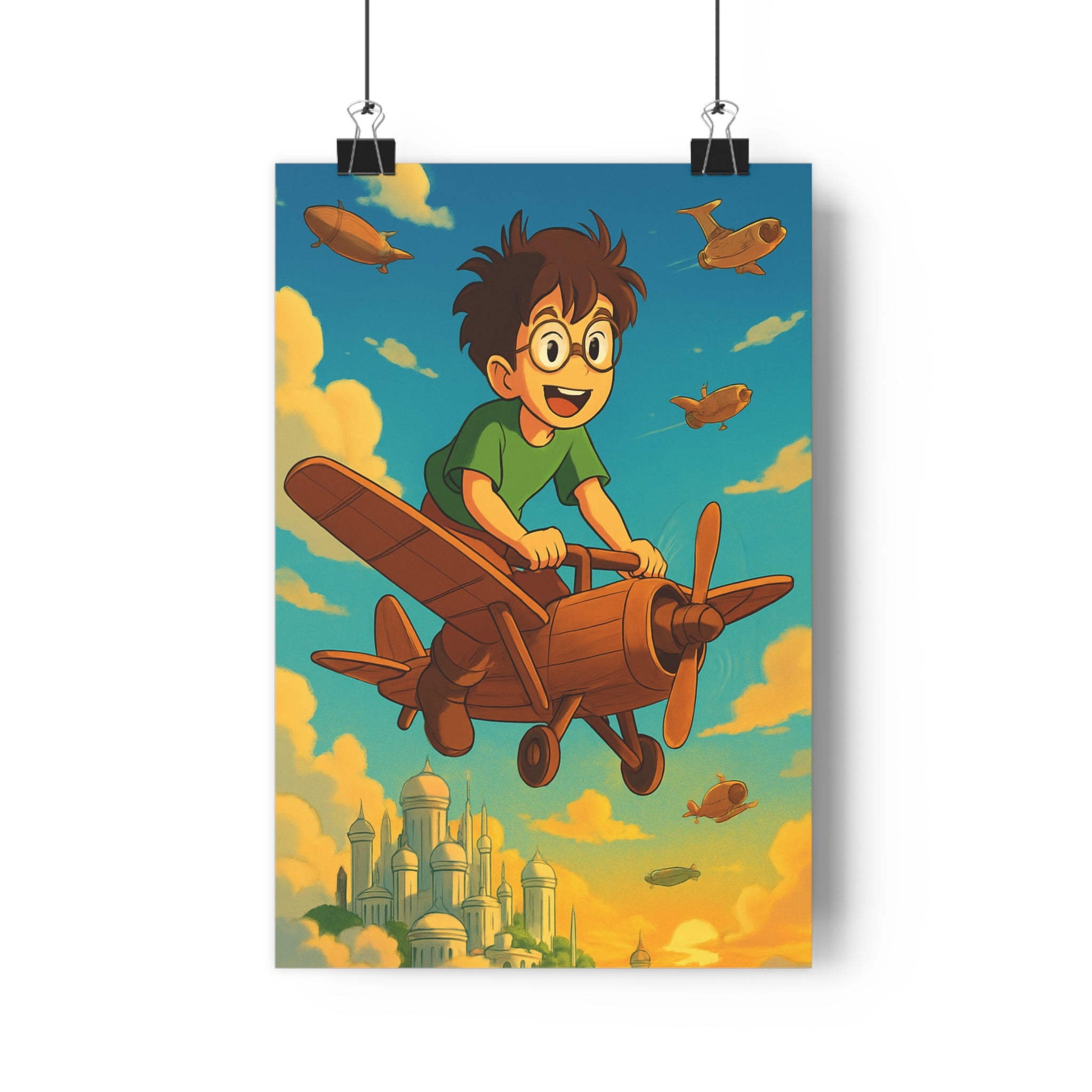 Poster décoratif animé rétrofuturiste rêveur joyeux enfant chambre nuages avion bois cité aérienne qualité