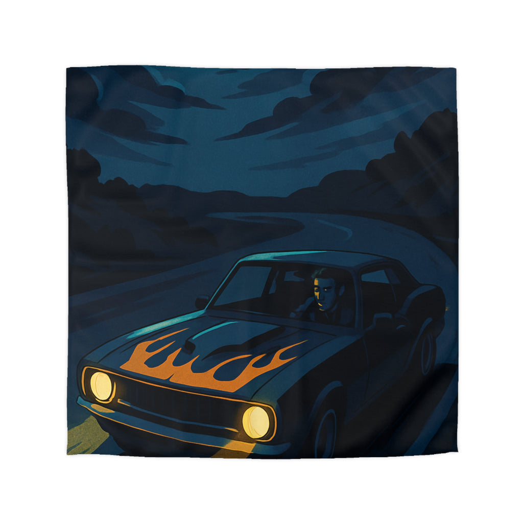 Housse de couette vintage voiture nocturne avec lune et flammes sur capot