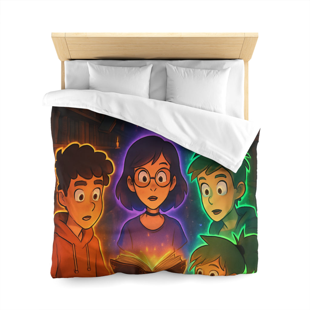 Housse de Couette Mystérieuse avec Enfants Découvrant Livre Magique dans Bibliothèque Enchantée