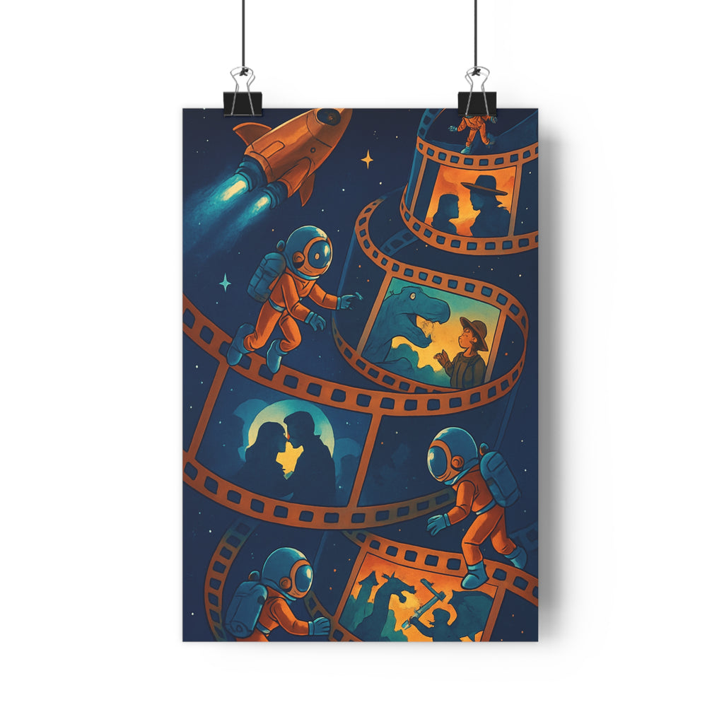 Poster décoratif cartoon espace astronautes aventure orange bleu rétro futuriste salon chambre unique qualité