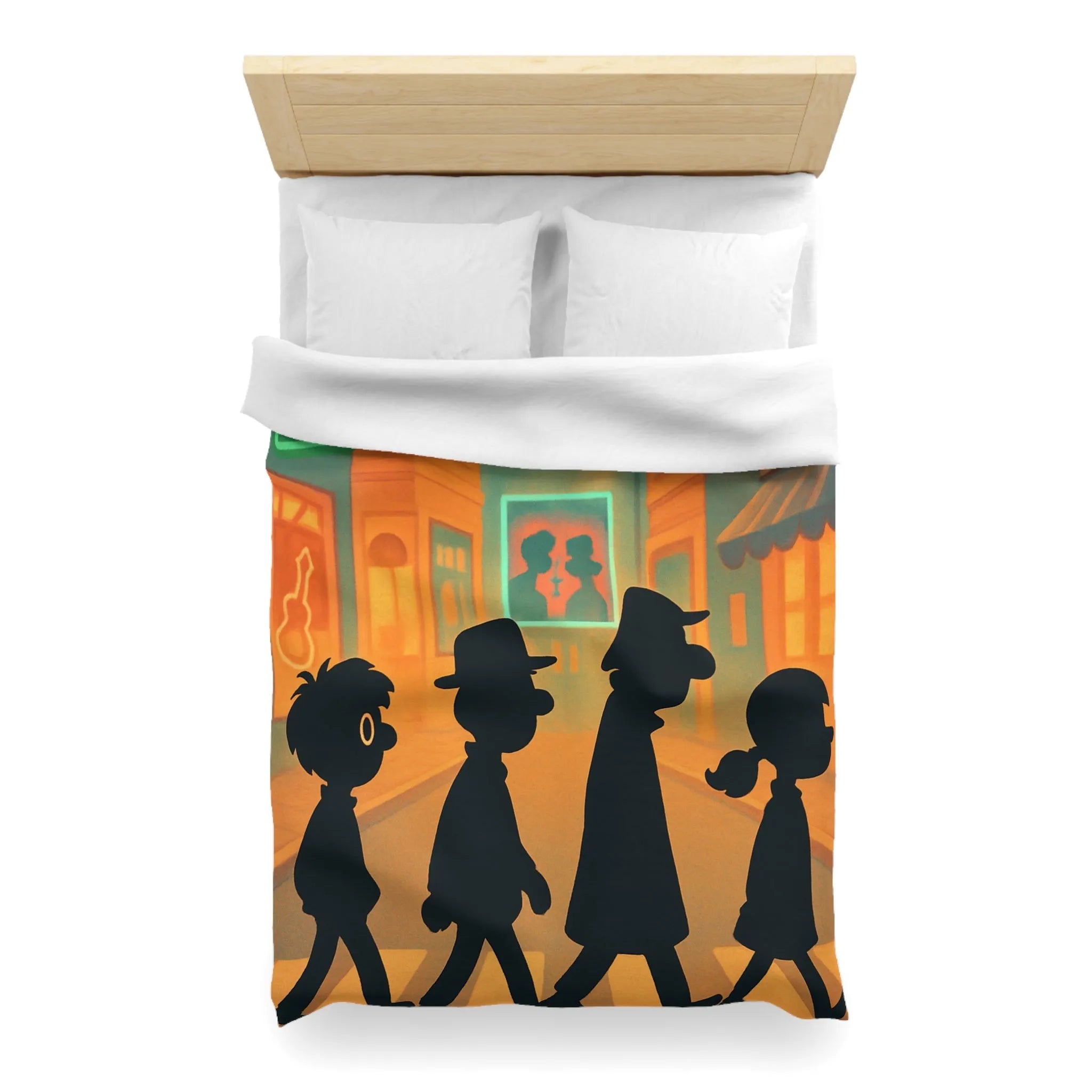 Housse de couette illustrée avec silhouettes sur passage piéton en ville animée colorée