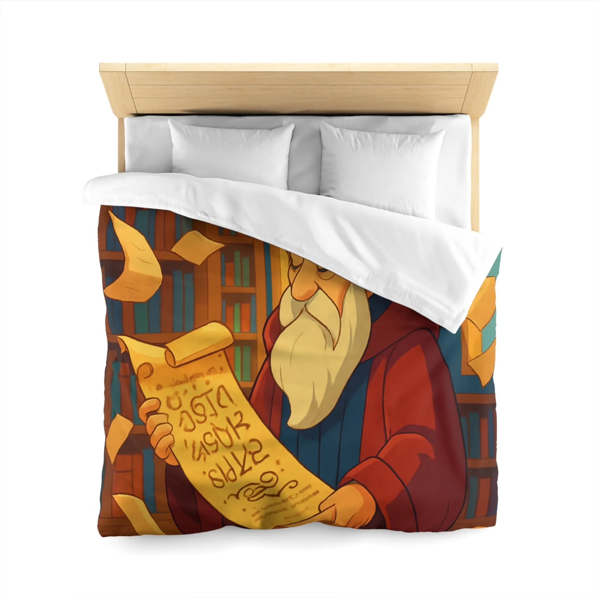 Housse de couette élégante avec design de bibliothèque, parchemins et sage en robe rouge