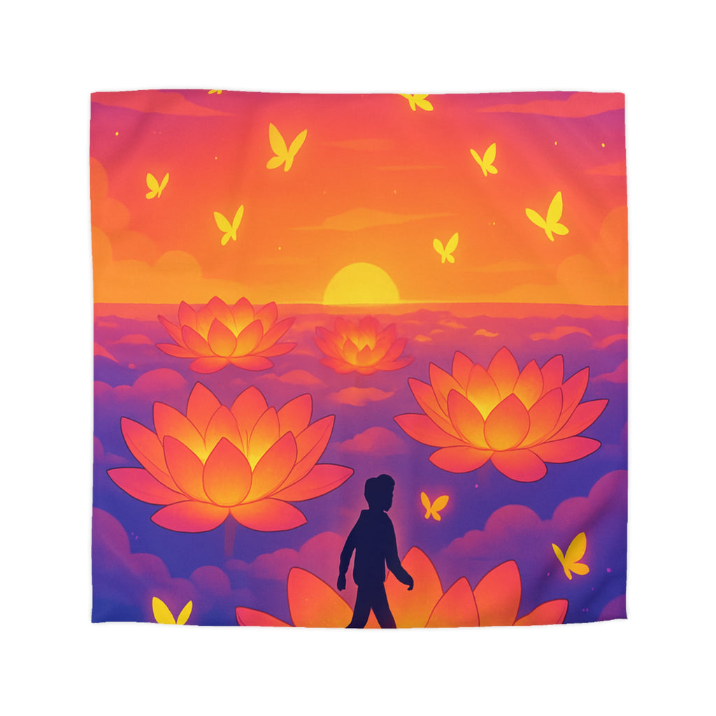 Housse de couette zen : Personne marchant sur fleur de lotus au coucher de soleil