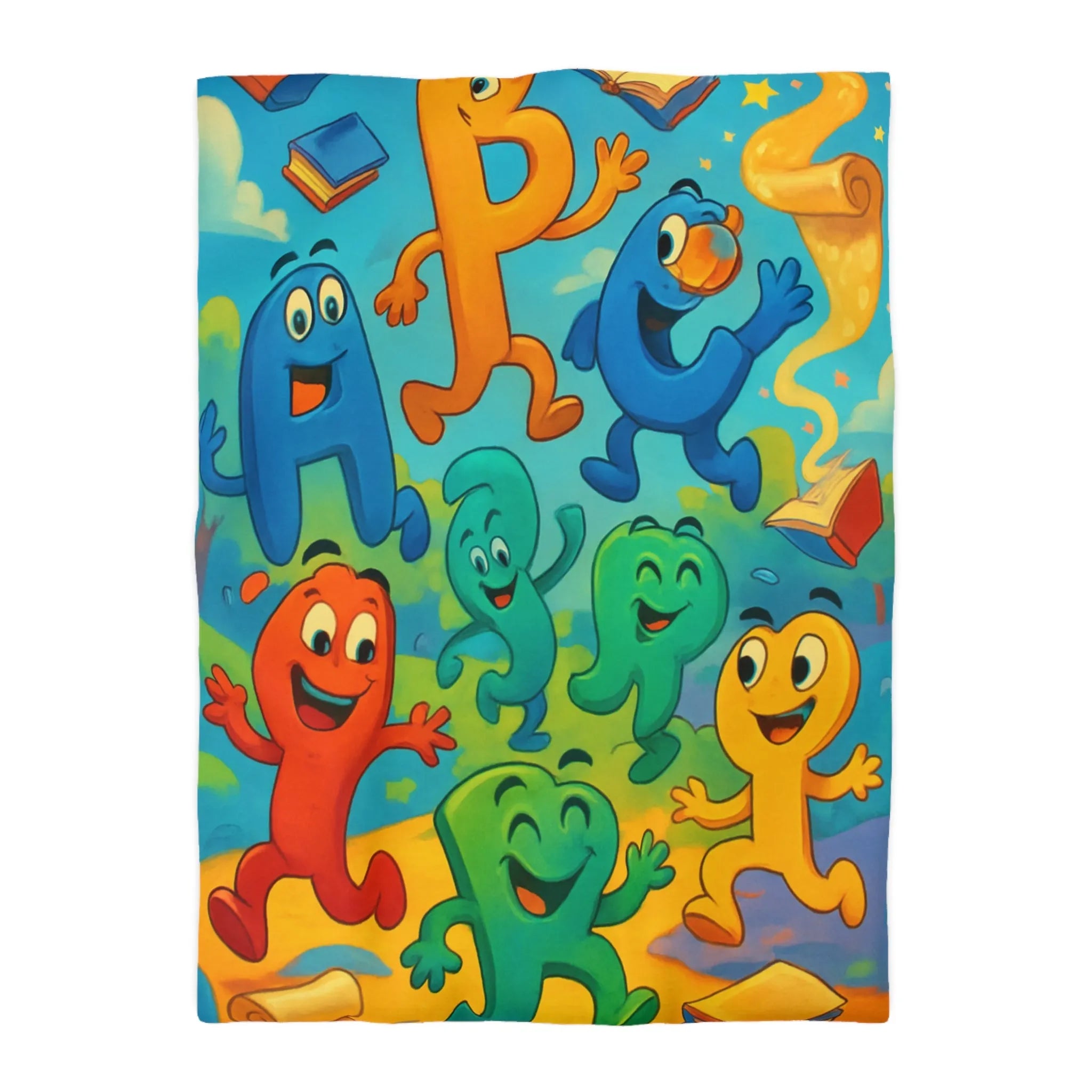 Housse de couette colorée avec lettres animées dans un paysage ludique et éducatif