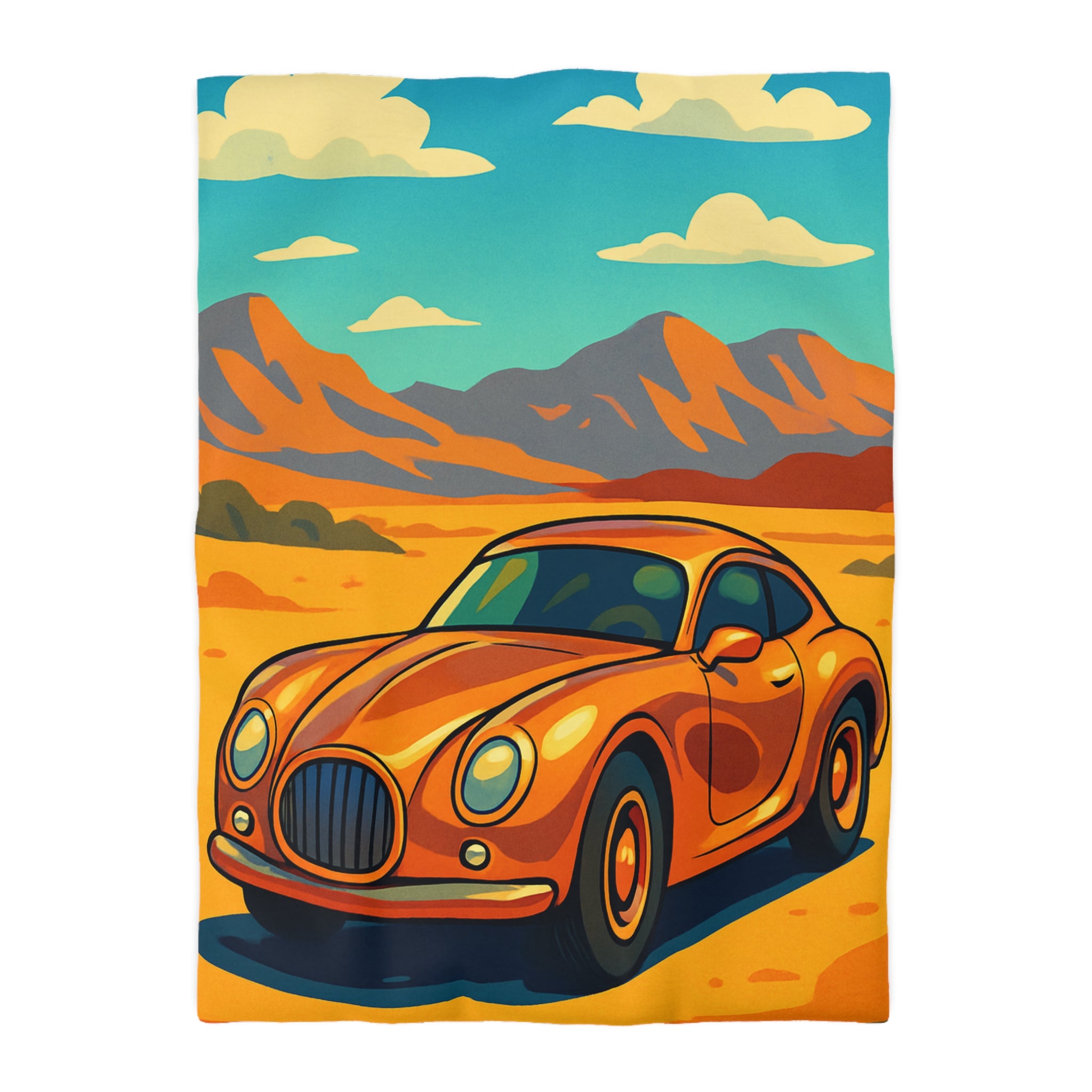 Housse de couette style rétro avec voiture orange désert paisible montagnes lointaines