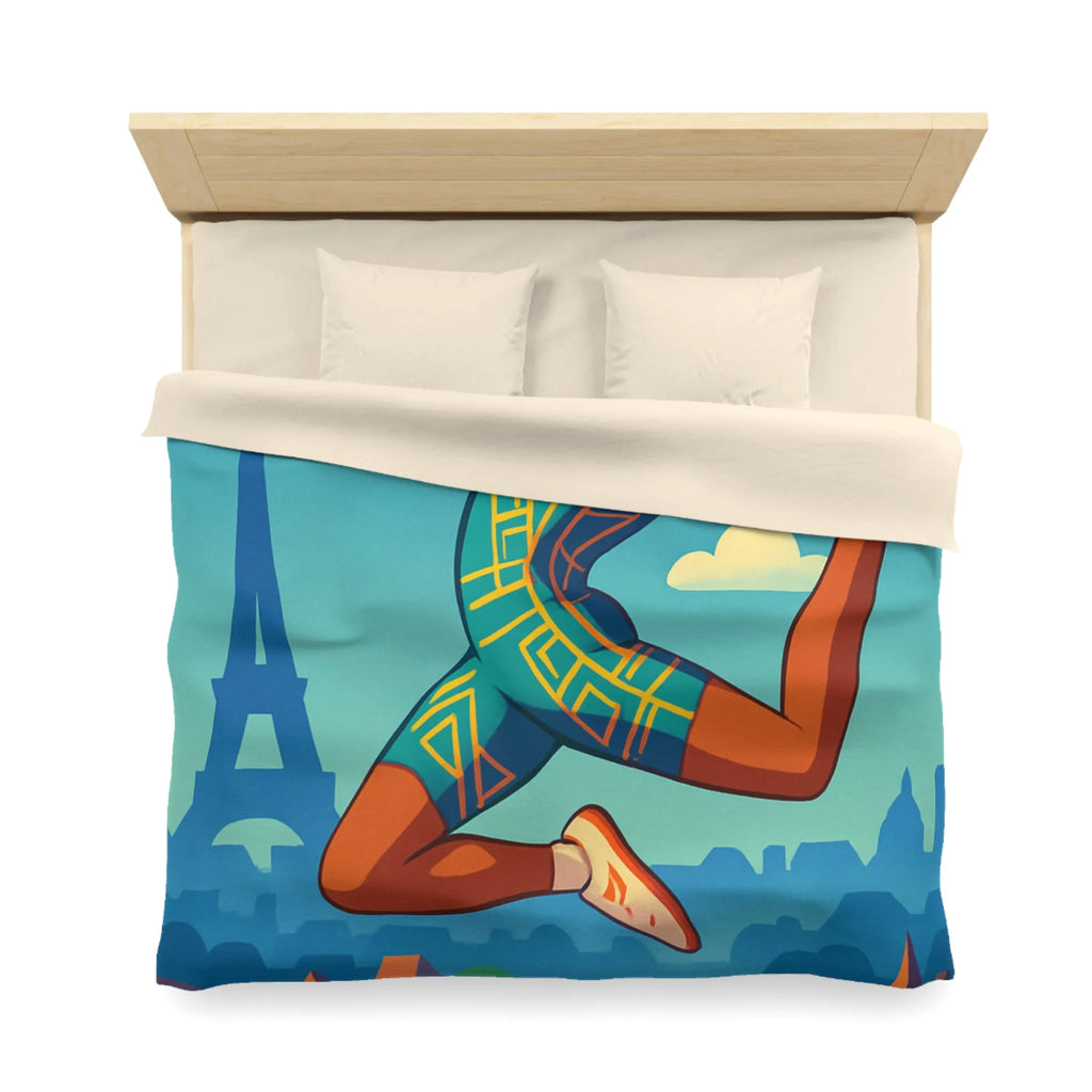 Housse de couette athlète sautant en ville avec ciel bleu et monuments célèbres