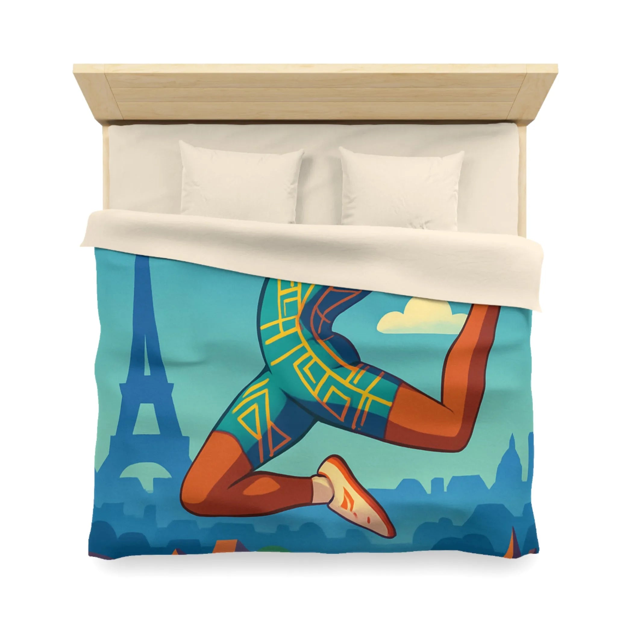 Housse de couette athlète sautant en ville avec ciel bleu et monuments célèbres