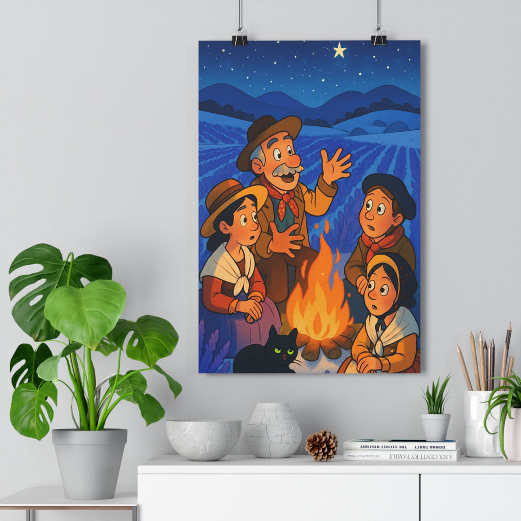 Poster décoratif provençal hiver bleu orange mystique salon chambre conteur magie feu étoiles qualité