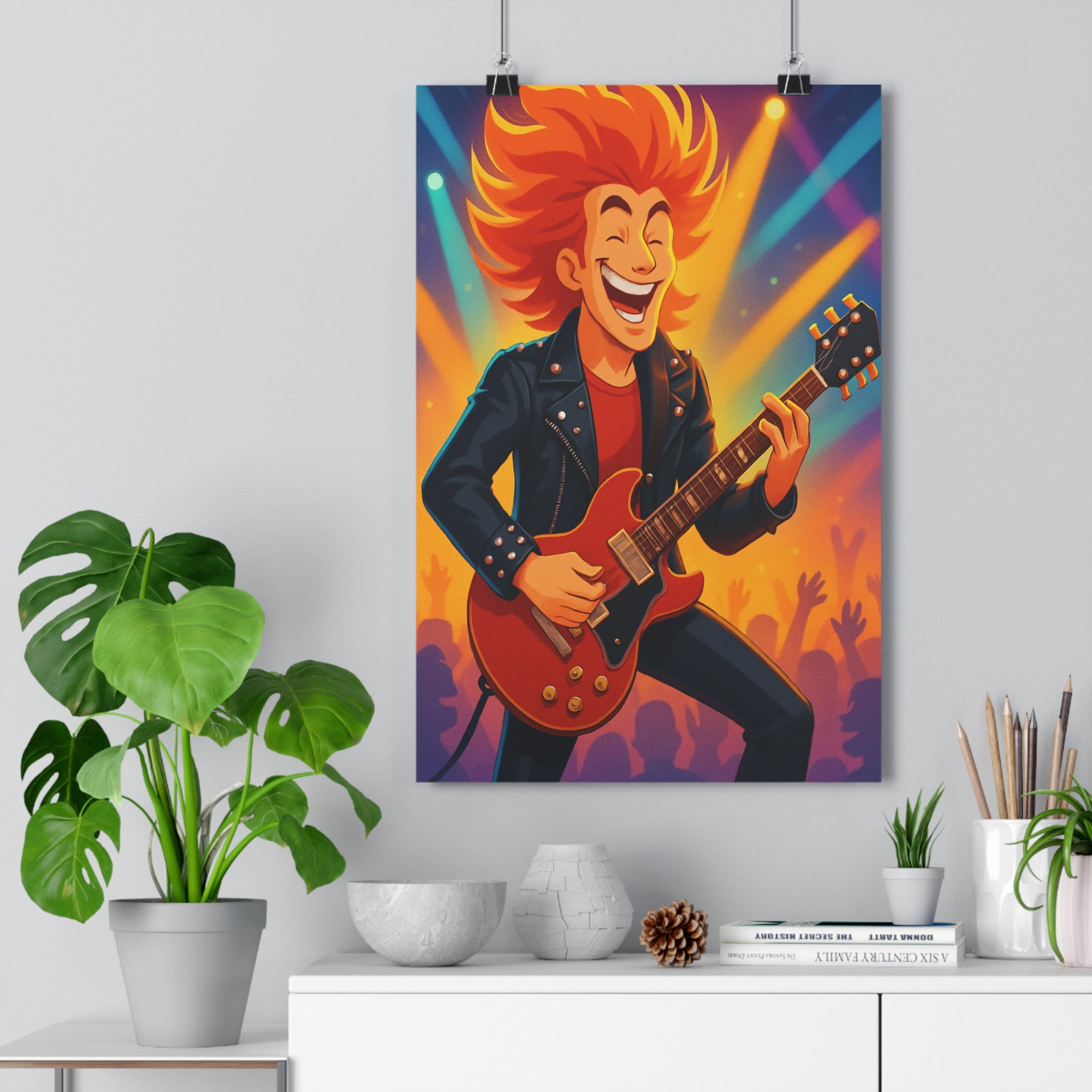 Poster décoratif charismatique rouge orange cartoon énergique chambre salon scène guitare musique vibrant dynamique