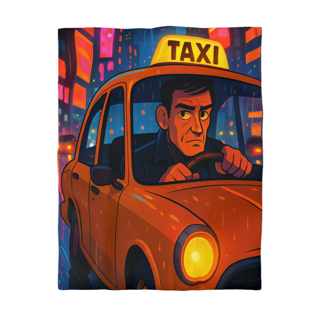 Illustration Nocturne Métropole avec Chauffeur de Taxi sous Pluie pour Housse de Couette