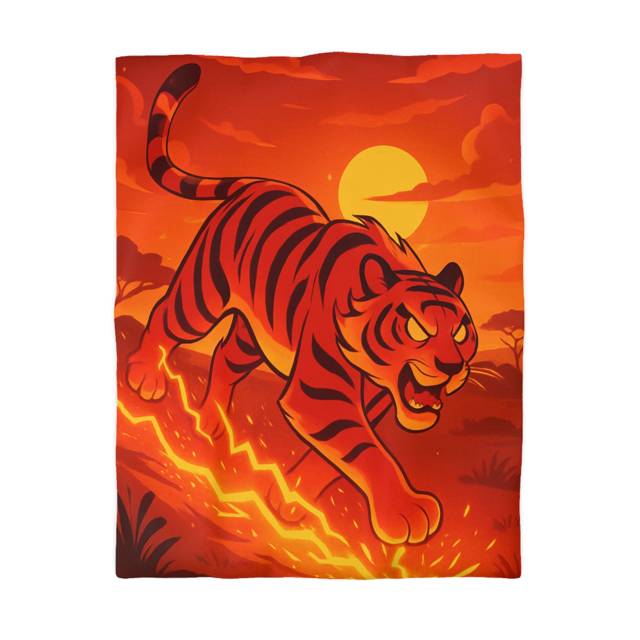 Housse de couette tigre dynamique avec coucher de soleil flamboyant en arrière-plan vibrant