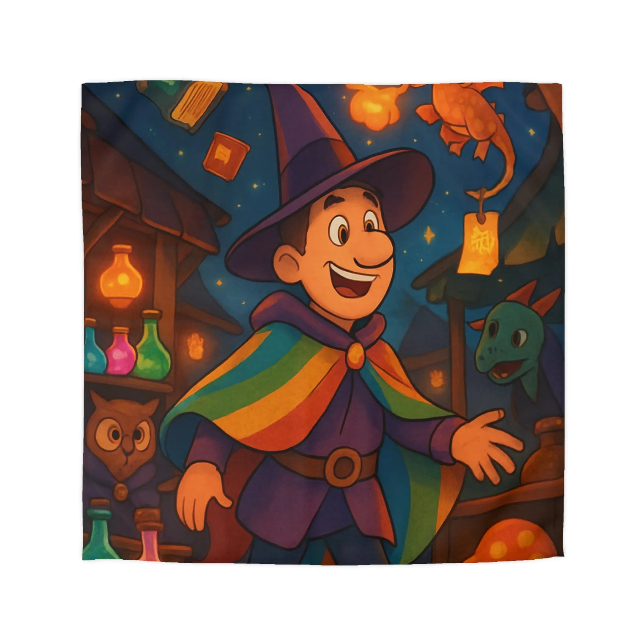 Housse de couette magique avec envoûtant motif de sorcier, dragon et livres enchantés